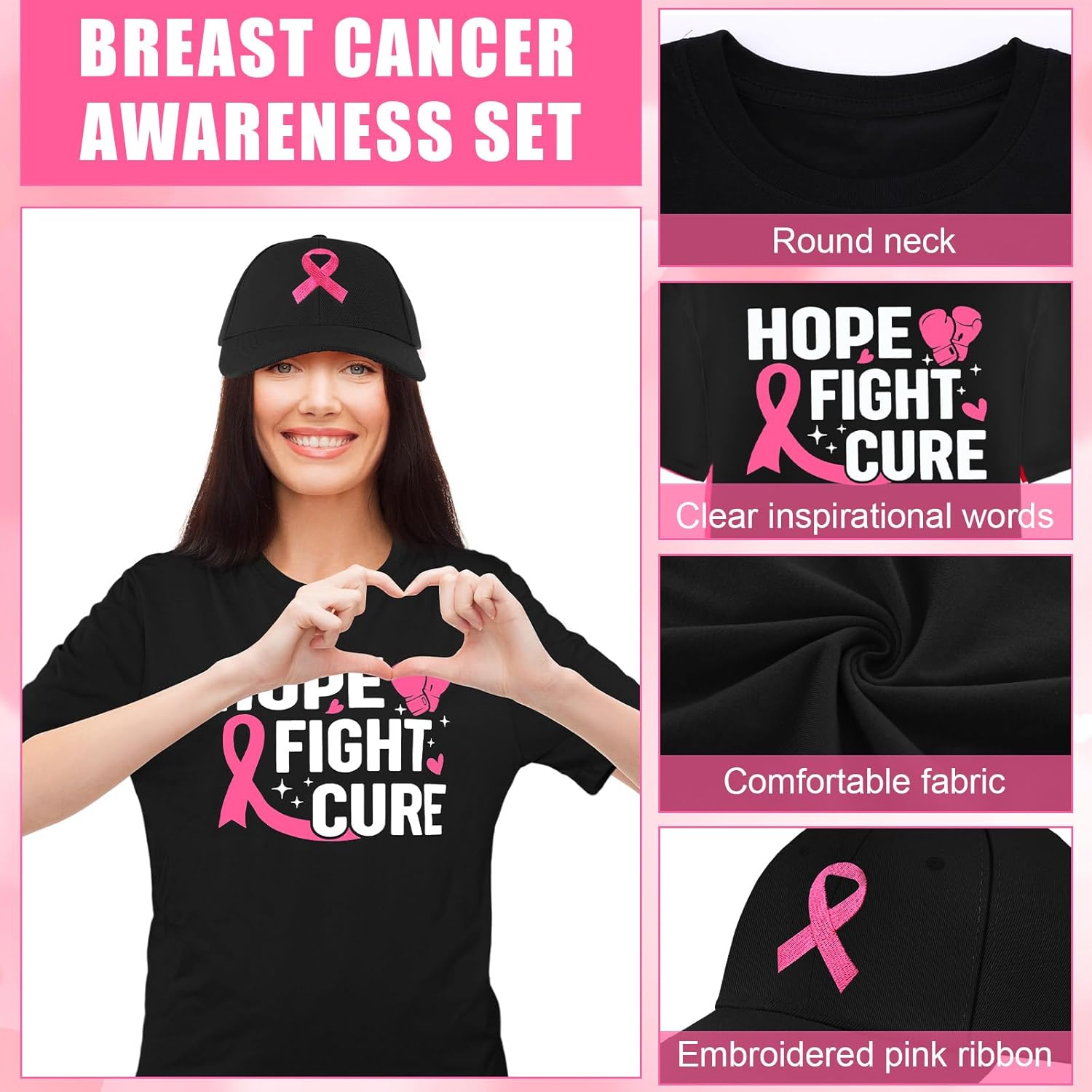 12 Pcs Breast Cancer Awareness Shirts and Hats for Women Pink Ribbon T-Shirt Breast Cancer Shirts Caps