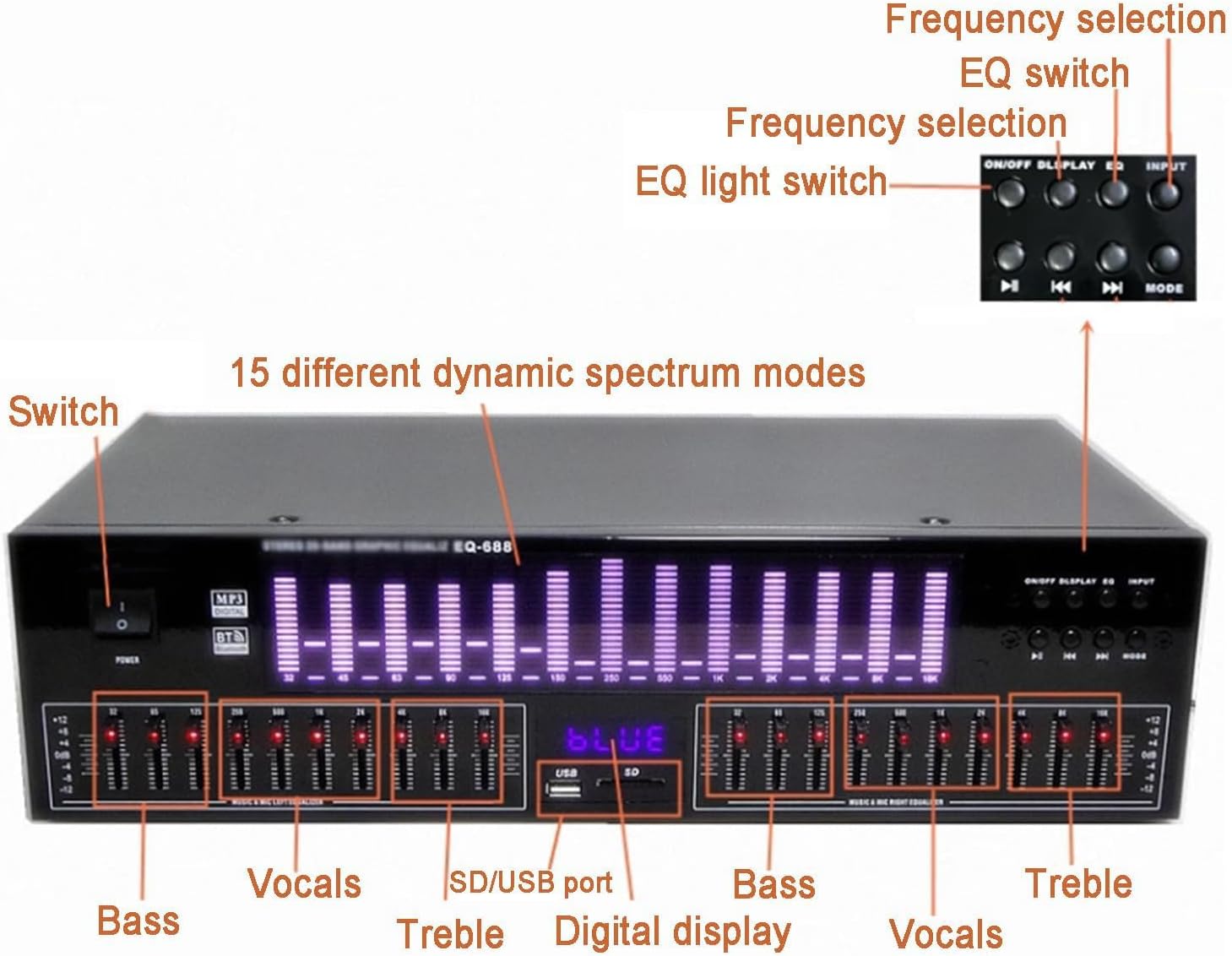220v 220v Hi-Fi Graphic Equalizer,20-Band Spectrum Analyzer,w/Remote Control,LED Spectrum Display,15 Dynamic Styles,for Recording Studio