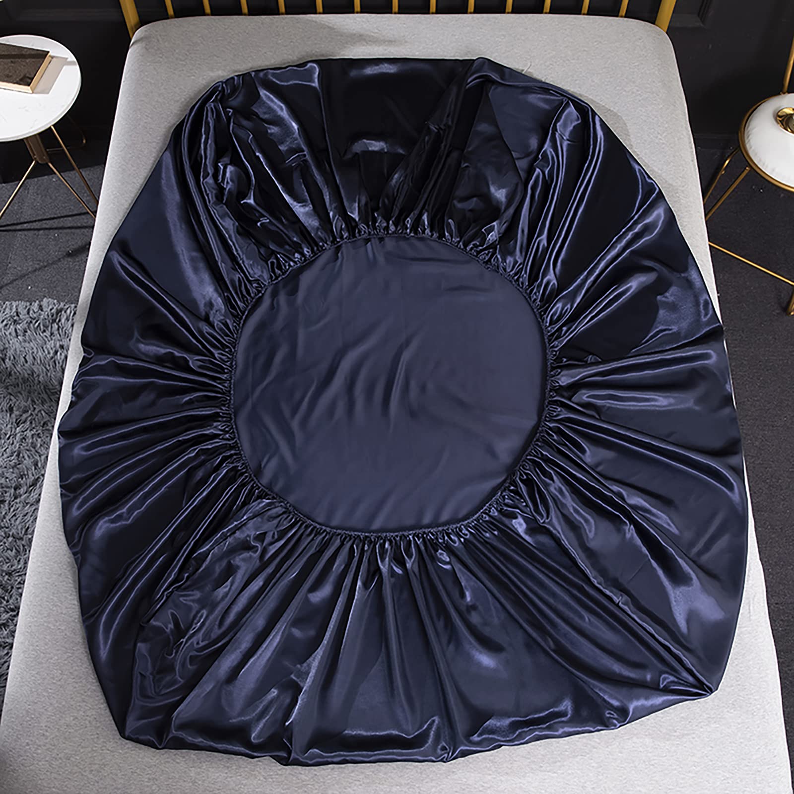 Jemiipee Completo Lenzuolo Letto Matrimoniale, 1 x Lenzuola Sotto con Angoli Tinta Unita 180x200 cm con 1 x Lenzuolo Piatto e 2 x Federe, Biancheria da Letto in Raso, Blu Navy