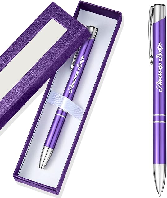 Bestie Pen Office Supplies for Women Bestie Gifts Black Ink Retractable Ballpoint Pens Comfortable Writing Pens Journaling Pens with Pen Case for Best Friend Birthday Christmas(Purple)