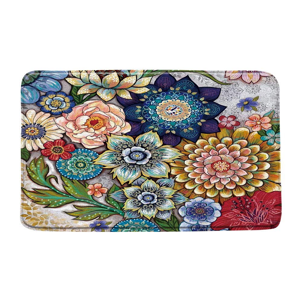 AMHNF Colorful Boho Flower Bath Mat Vintage Watercolor Floral Leaf Rose Peony Rustic Chic Country Bathroom Microfiber Memory Foam Bathroom Rug Doormat Kitchen Toilet Floor Rug