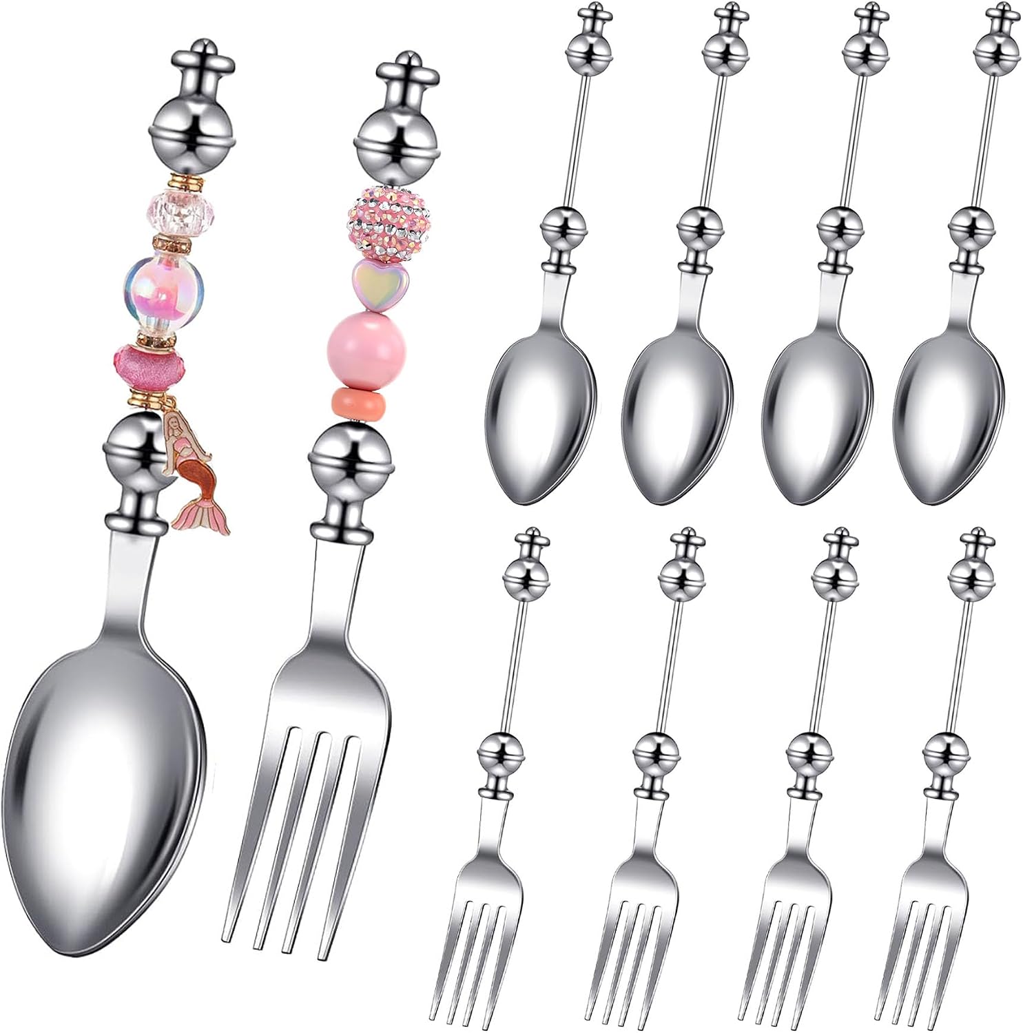 8 Pack Beadable Coffee Spoon Set Beaded Metal Teaspoons for Dessert DIY Crafts Making Bead Project (Salad Spoon Silver)