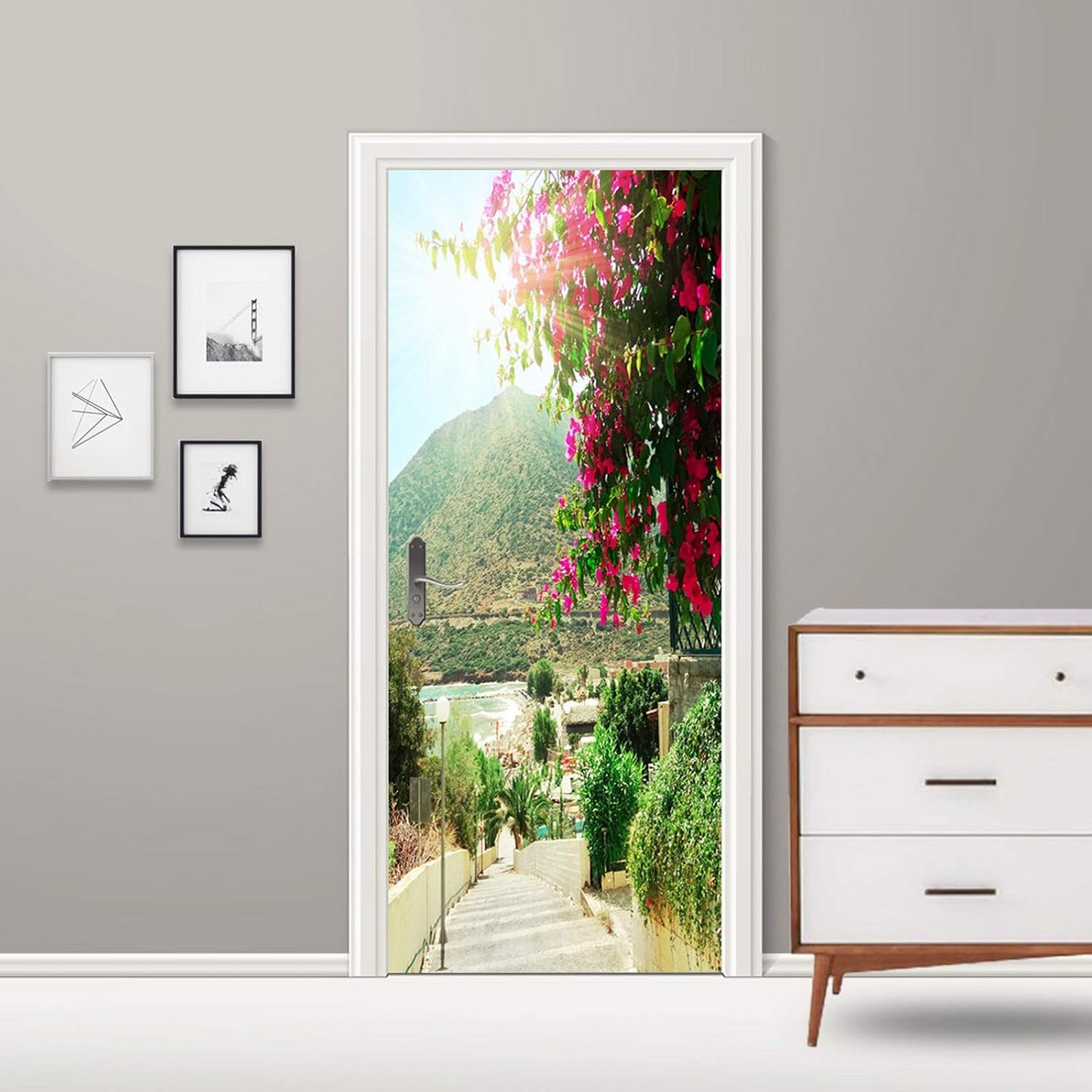 A.Monamour 3D Door Stickers for Interior Doors Stairs to Beach Mediterranean Sea Landscape Crete Island Greece Vinyl Waterproof Self Adhesive Door Mural Decals for Bedroom Office Bathroom 77 x 200 cm