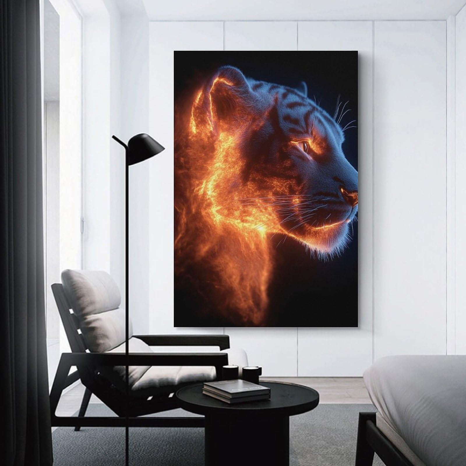 Junmoney Fiery Tiger Portrait on Black Background Canvas Art Print 24x36inch(60x90cm), for Feature Walls in Flats Or Modern Rooms, Decorative Artwork with Flexible Styling