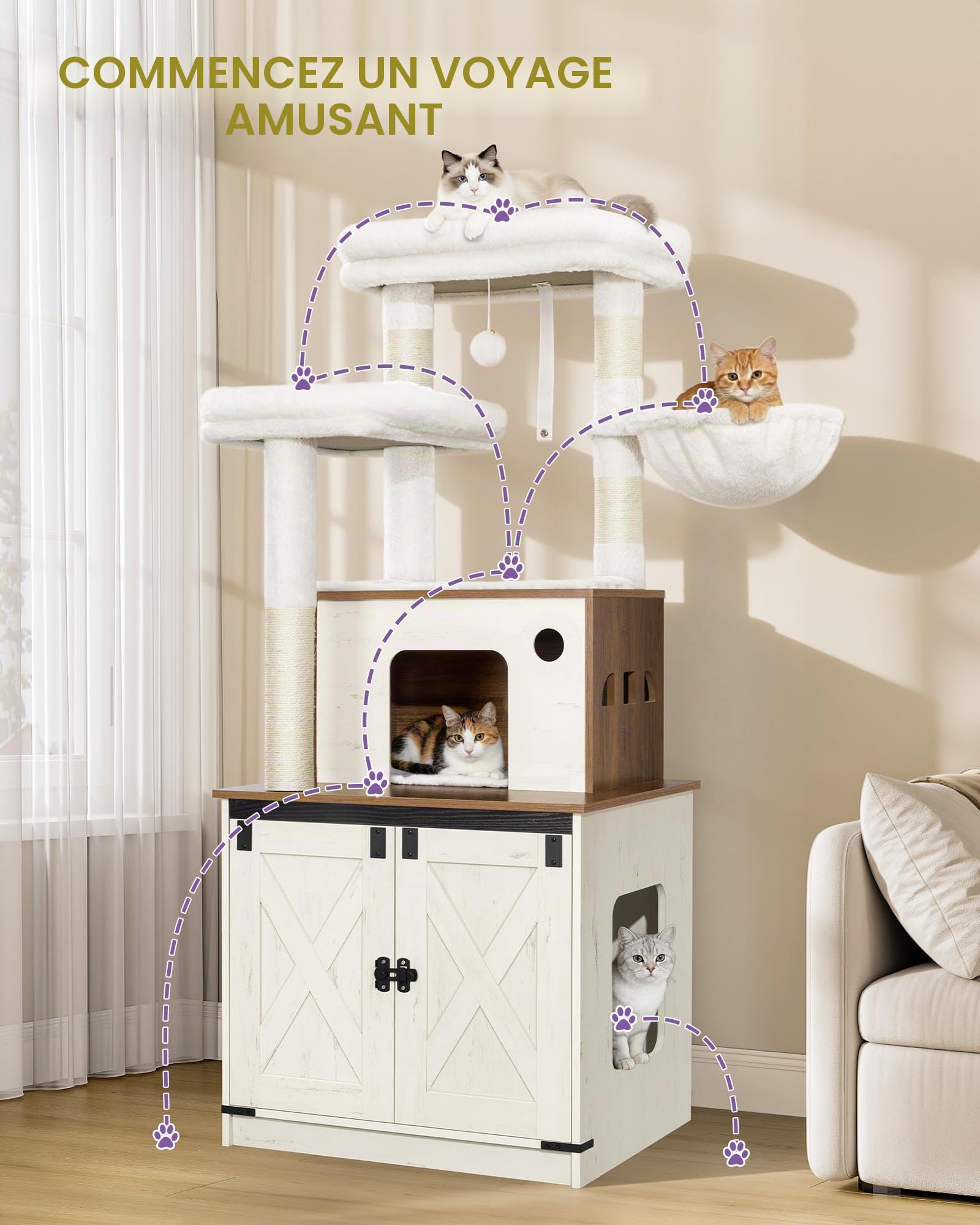 Hzuaneri Arbre à Chat avec Meuble Litiere Chat, 150cm Haut, Marron et Blanc | Coussin Lavable, Deux Grandes Plateformes, Poteau Sisal, Panier pour Chat, Maison pour Chat, Balles Peluche, CB89214WT
