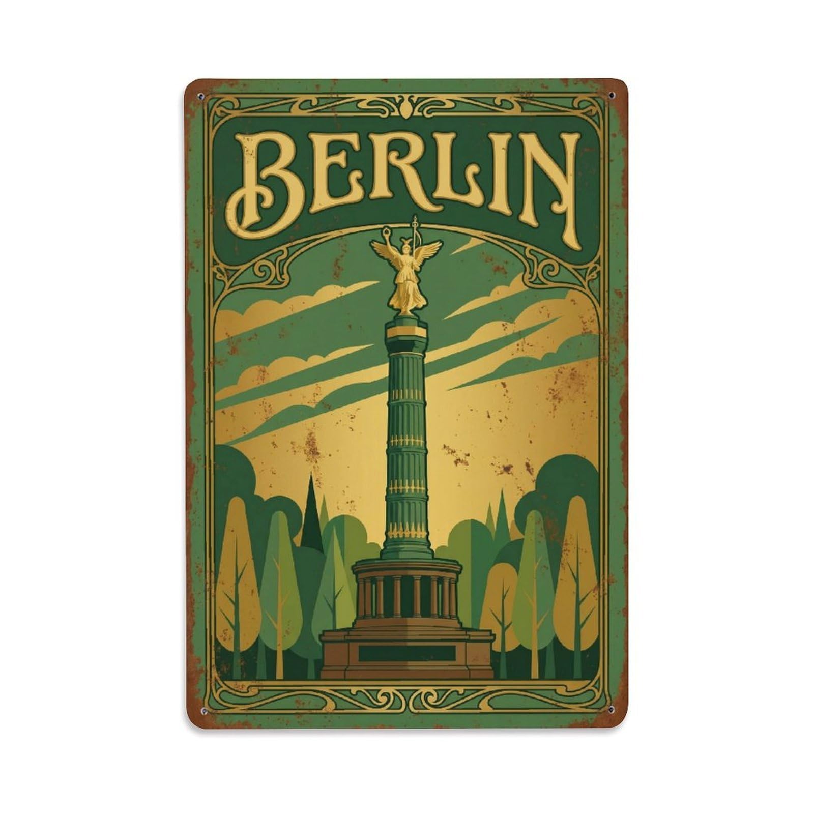 Berlin Victory Column Germany Vintage Travel Metal Tin Sign Plaque Wall Decor for Cafe, Man Cave, Club Bar, Office, Home Garden Round Metal Poster 8x12Inch