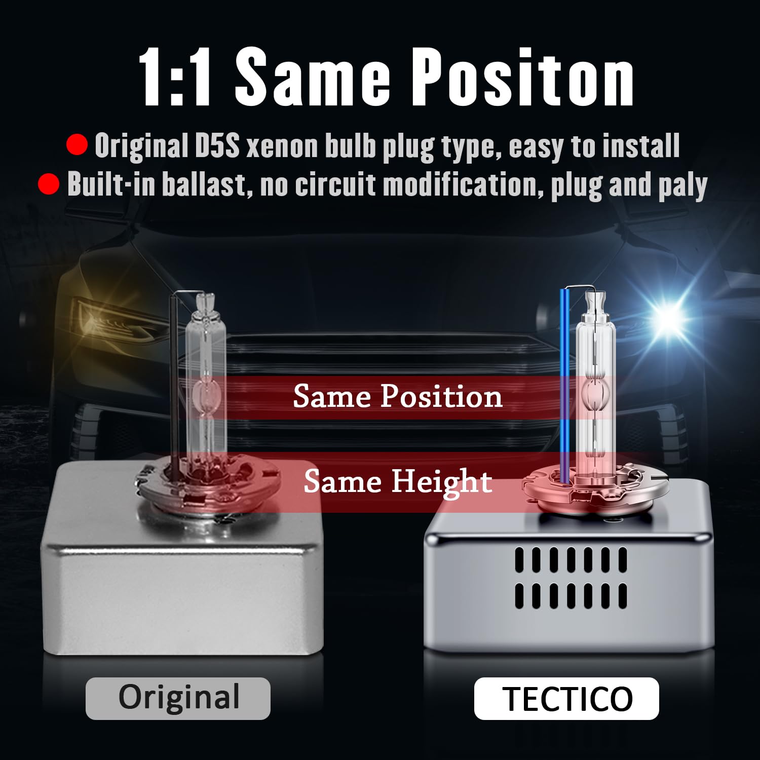TECTICO D5S Xenon HID Lampadine 25W 12V 8000K Blu Freddo Ultra Brillante, Sostituzione OEM, Kit di Conversione (2 Lampade)