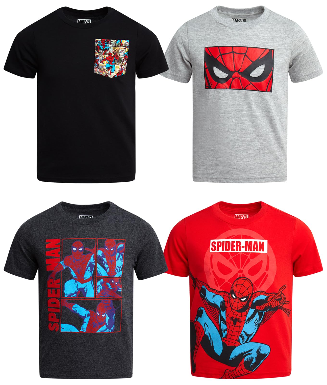Marvel Spider-Man Jungen Graphic Tees 4er Pack Graphic T-Shirts für Jungen | Spider-Verse & Spider-Man-Grafik, weiche Baumwoll-Polyester-Mischung, Rundhalsausschnitt, normale Passform