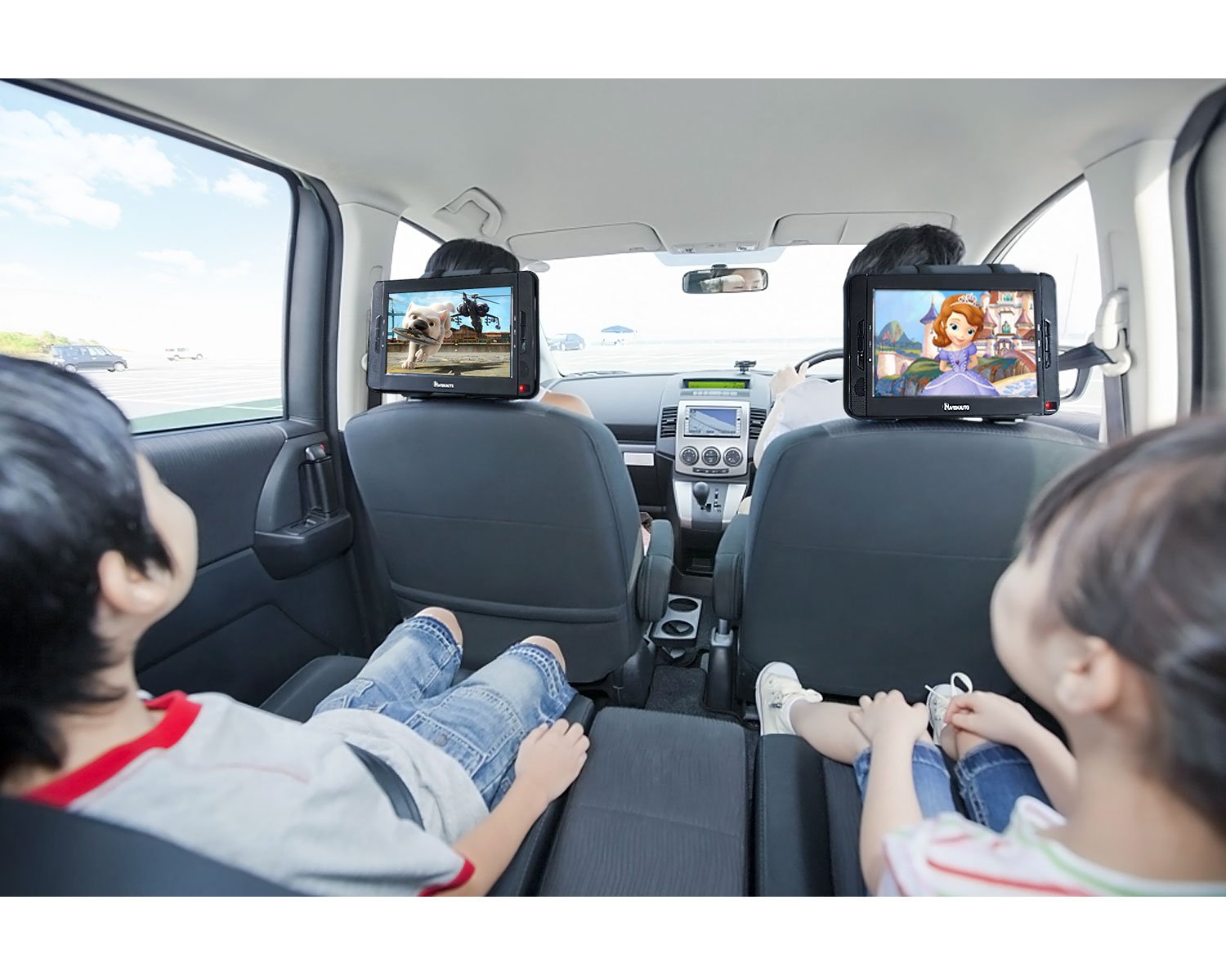 NAVISKAUTO 10,1" DVD Player für Auto Tragbarer DVD Player 1080P HD TFT Bildschirm FM Kopfstütze Monitor Memory HDMI SD USB mit IR Kopfhörer 12V (Doppel Player)
