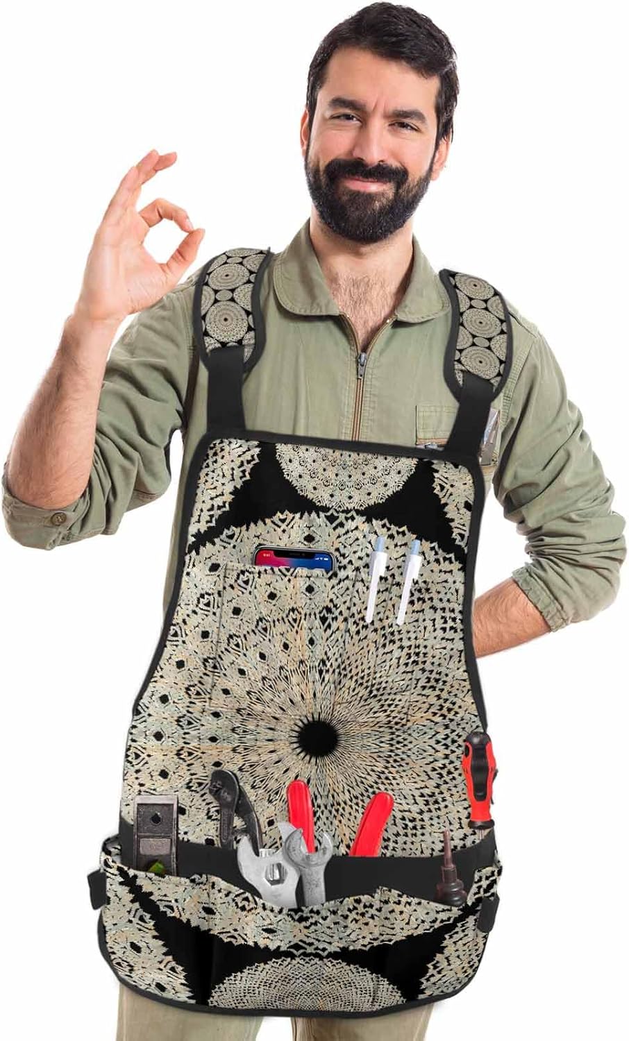 Work Apron for Men Adjustable Woodworking Apron with 16 Pockets Oxford Apron Boho Circle Line Texture Black Tool Apron