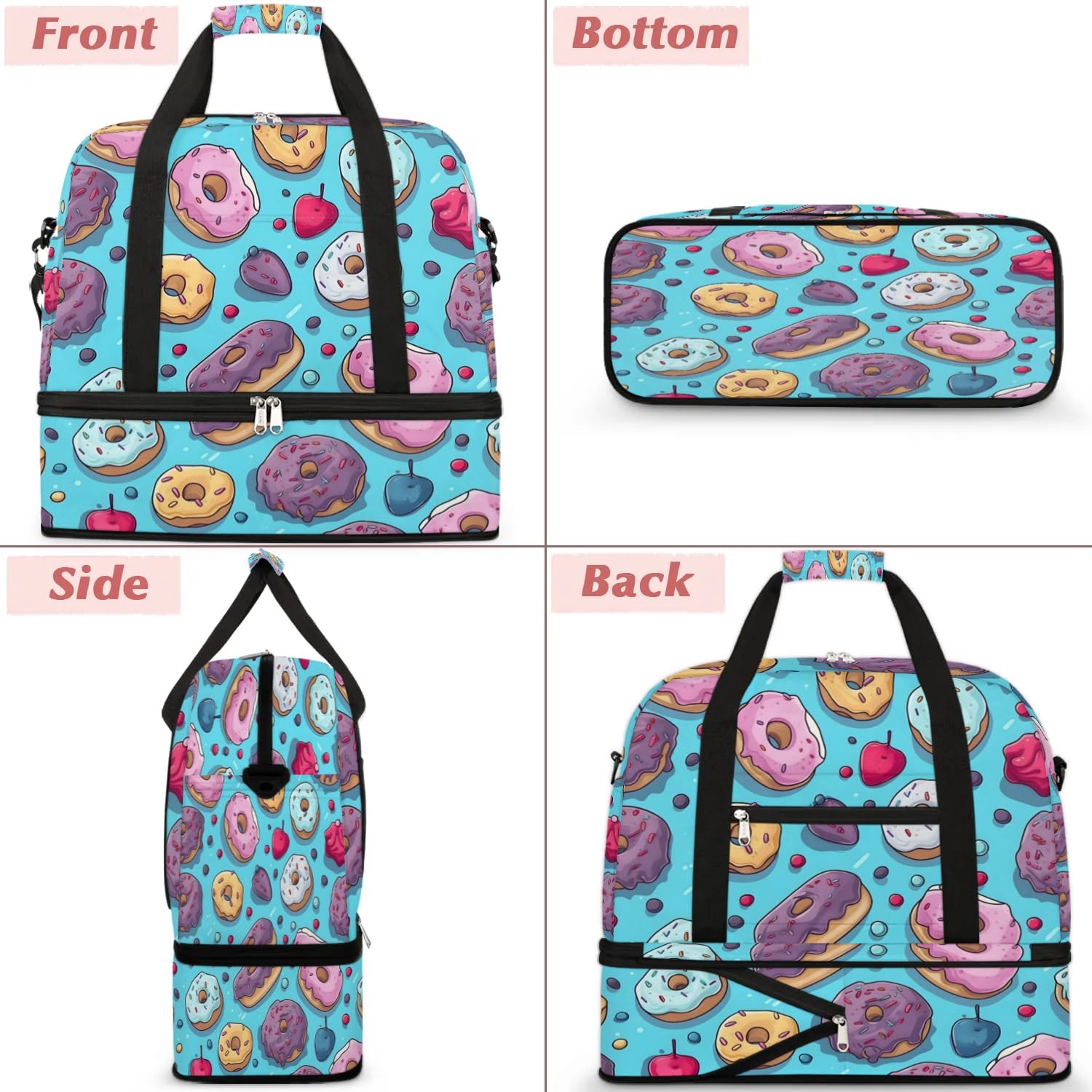 Sports Duffel Bag, Foldable Doughnuts Travel Duffel Bag, Gym Yoga Beach Bag Weekender Overnight Bag with Shoes Compartment for Men Women, Sweet Doughnuts
