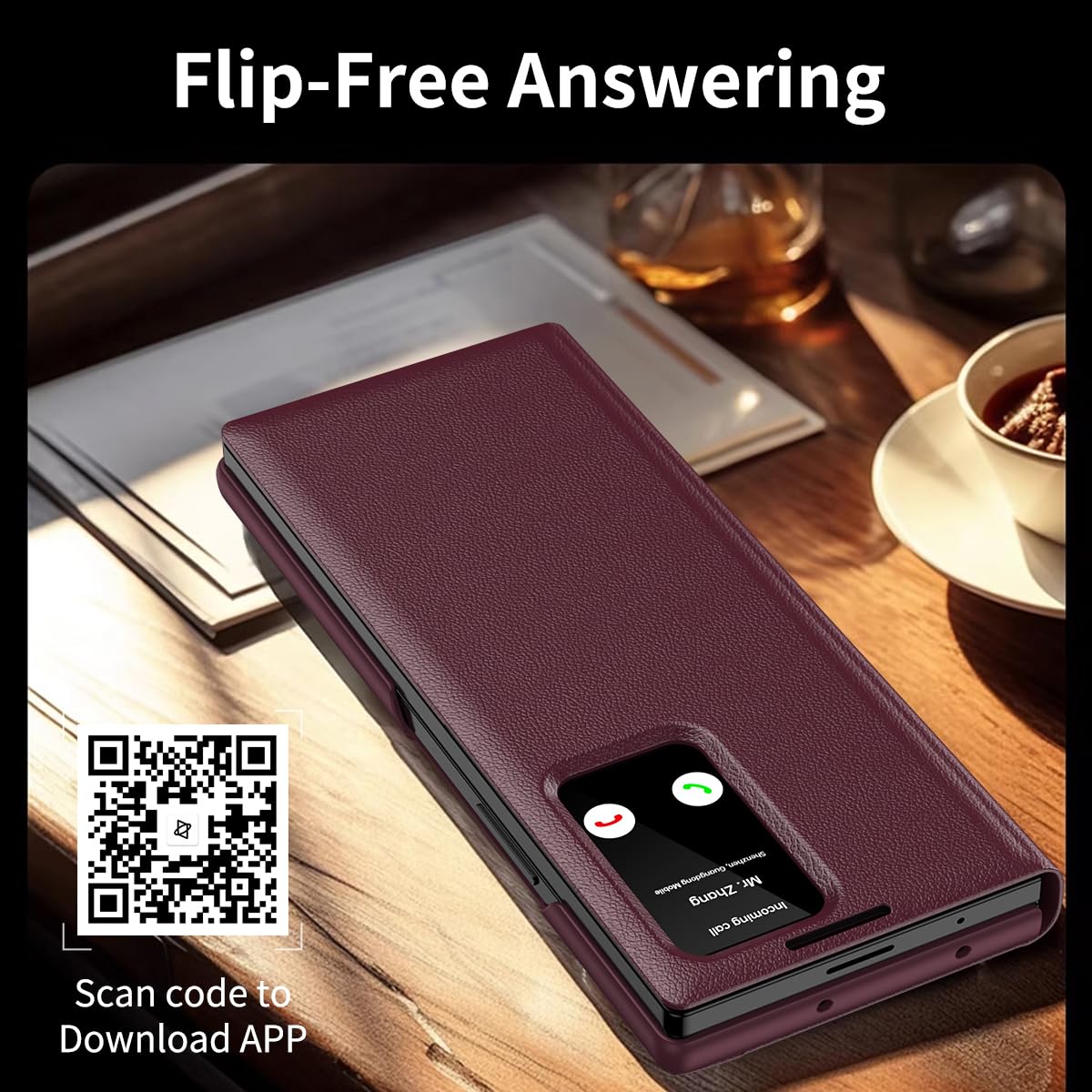 COQUE Etui do Galaxy Z Fold 3, inteligentny telefon z okienkiem i 1 miejscem na kartę, wykwintne skórzane etui ochronne, do Samsung Galaxy Z Fold 3 5G-czerwone