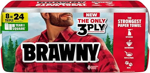 Brawny Tear-A-Square - Toallas de papel cuadradas de 3 capas, 8 rollos triples  24 rollos regulares, fuertes, absorbentes y duraderas con 3 tamaños