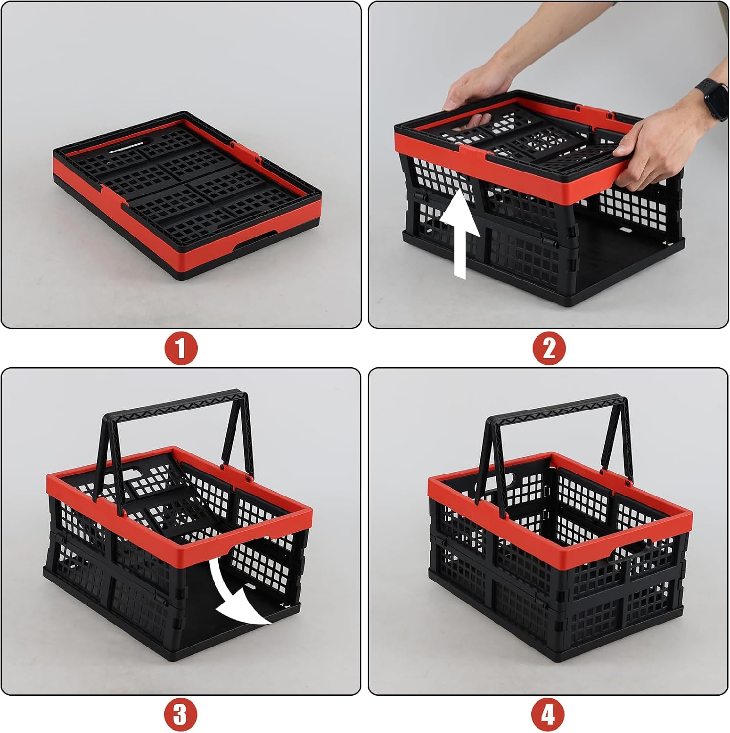 15 L Plastic Folding Crate with Handle, Collapsible Plastic Shopping Basket, 2 Packs