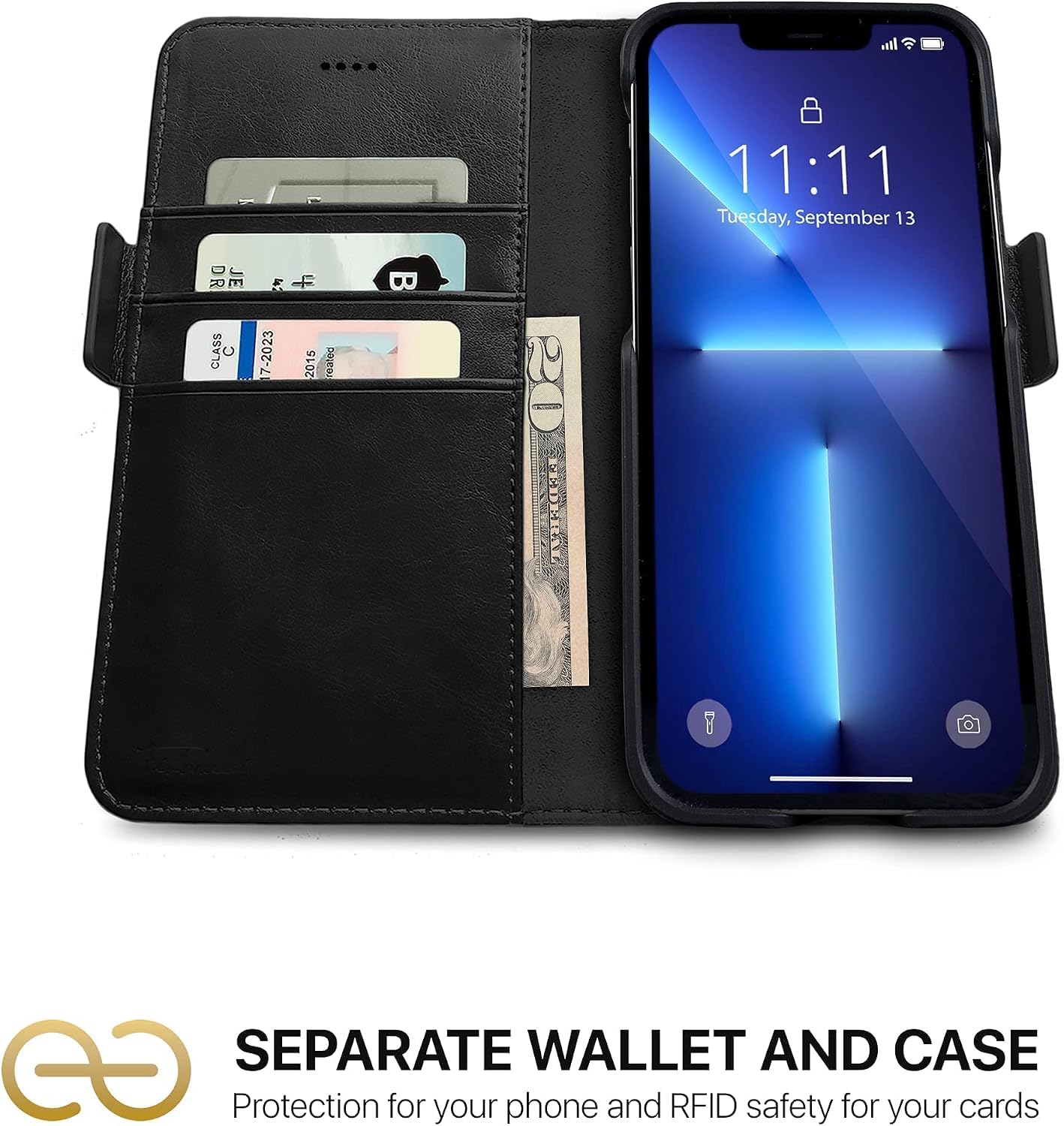 Dreem Bundle: Fibonacci Wallet-Case for iPhone 13 Pro Max with Om for Apple AirPods 3 Case [Black]