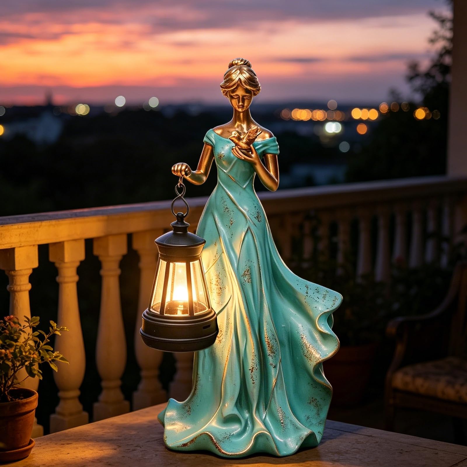 Statuette da giardino fatato per esterni, foglie e angelo, statue con lanterna solare e uccello, decorazione rustica per la casa esterna, patio, balcone, cortile, arte, prato, ornamenti per