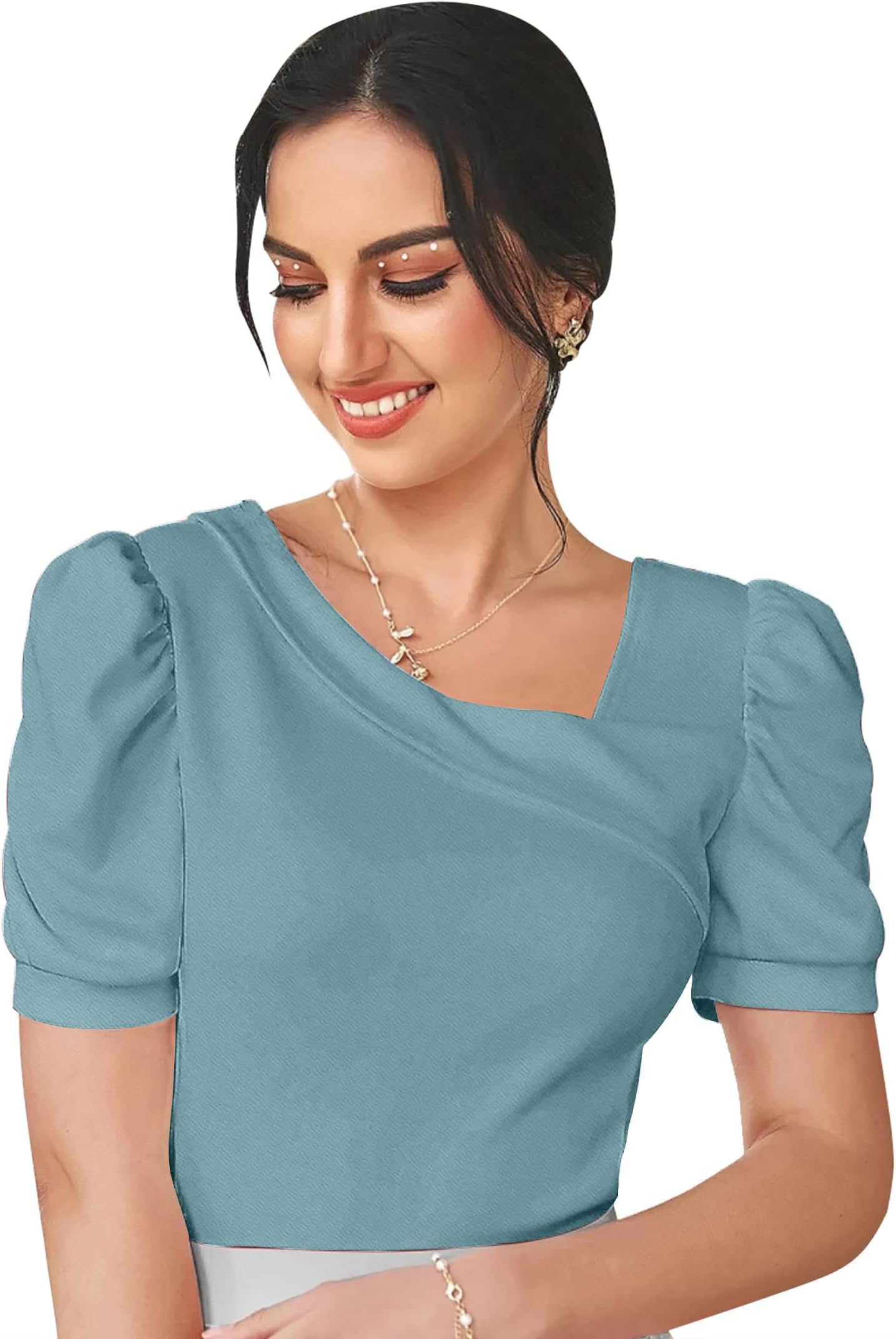 Dream Beauty FashionWomen's Asymmetric Neck Puff/Balloon Bishop Sleeve Elegant Casual Tee Top, 23" inches (Top Paris-01)