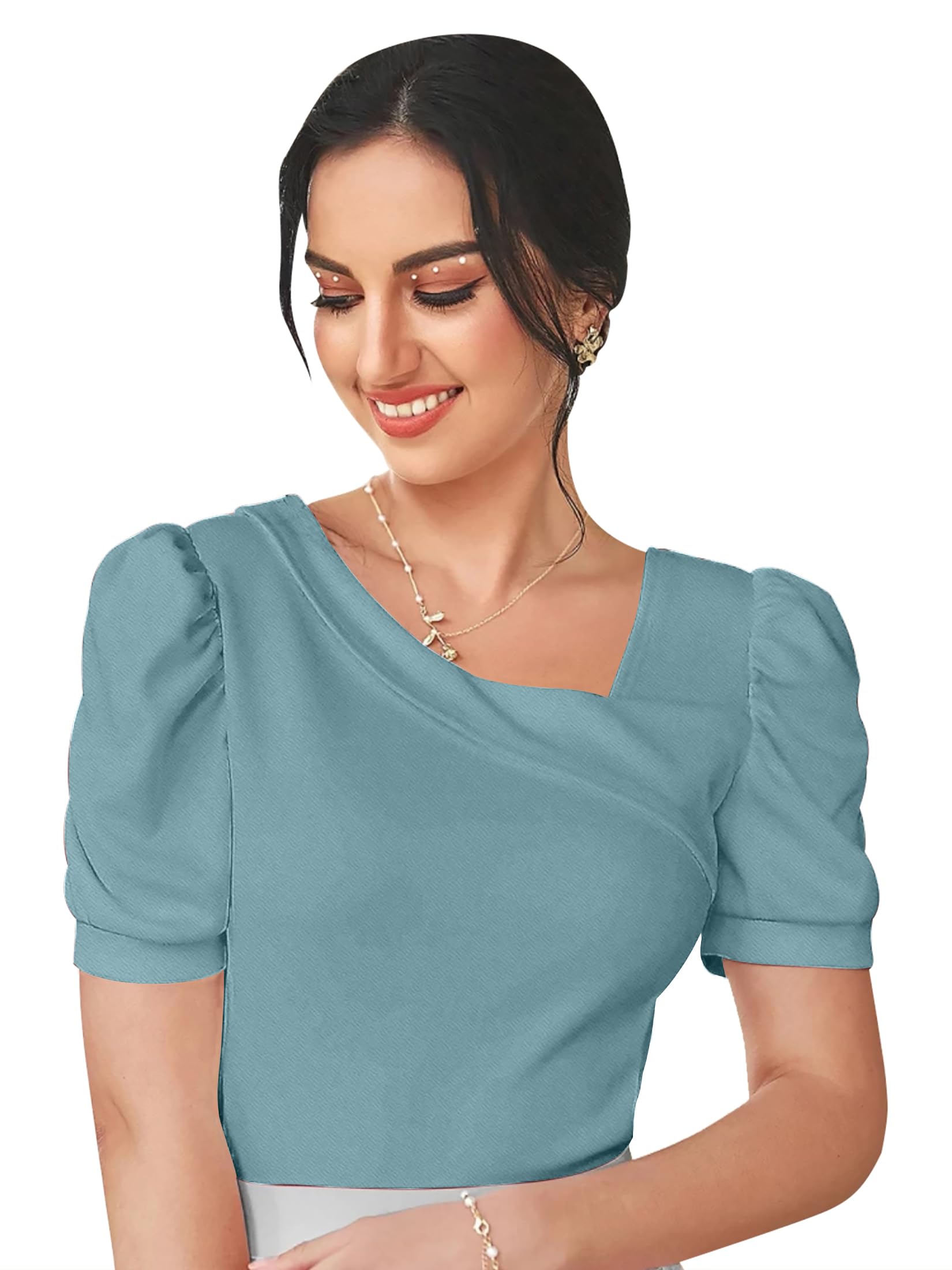 Dream Beauty FashionWomen's Asymmetric Neck Puff/Balloon Bishop Sleeve Elegant Casual Tee Top, 23" inches (Top Paris-01)