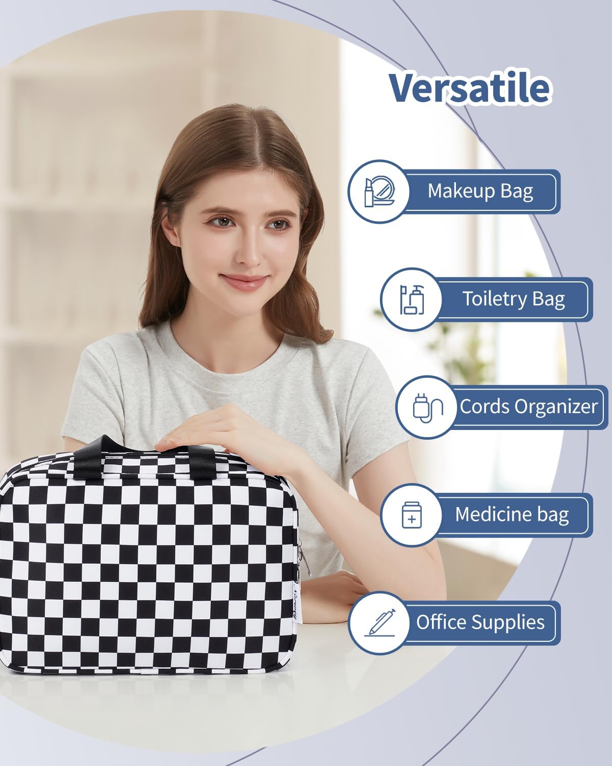 Narwey Large Toiletry Bag Women Cosmetic Bag Travel Makeup Bag Organizer Medicine Bag for Toiletries Essentials Accessories (Black Checkerboard, Large) - Image 7