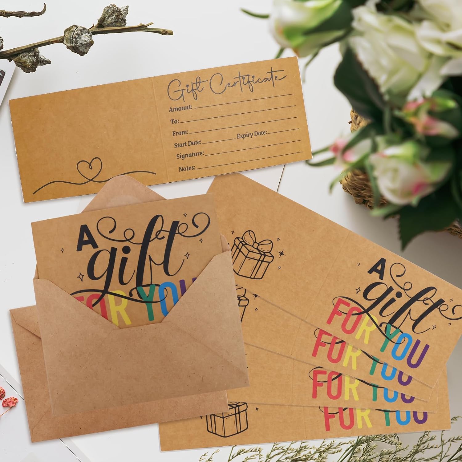 Ceiba Tree 30Pak Blank Gift Certificates for Business Kraft Certificate Cards with Envelopes for Salon Restaurants Spa Birthday Valentines St. patrick's Day - Image 4