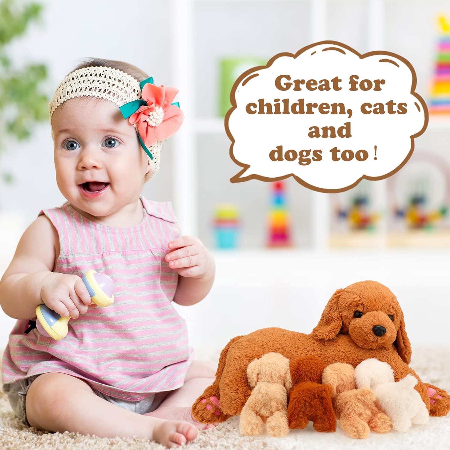 HyDren Nurturing Dog Stuffed Animal Sets Soft Cuddly Nursing Mommy Dog with 4 Stuffed Puppies for Birthday Party Favor Gifts(Golden Retriever)