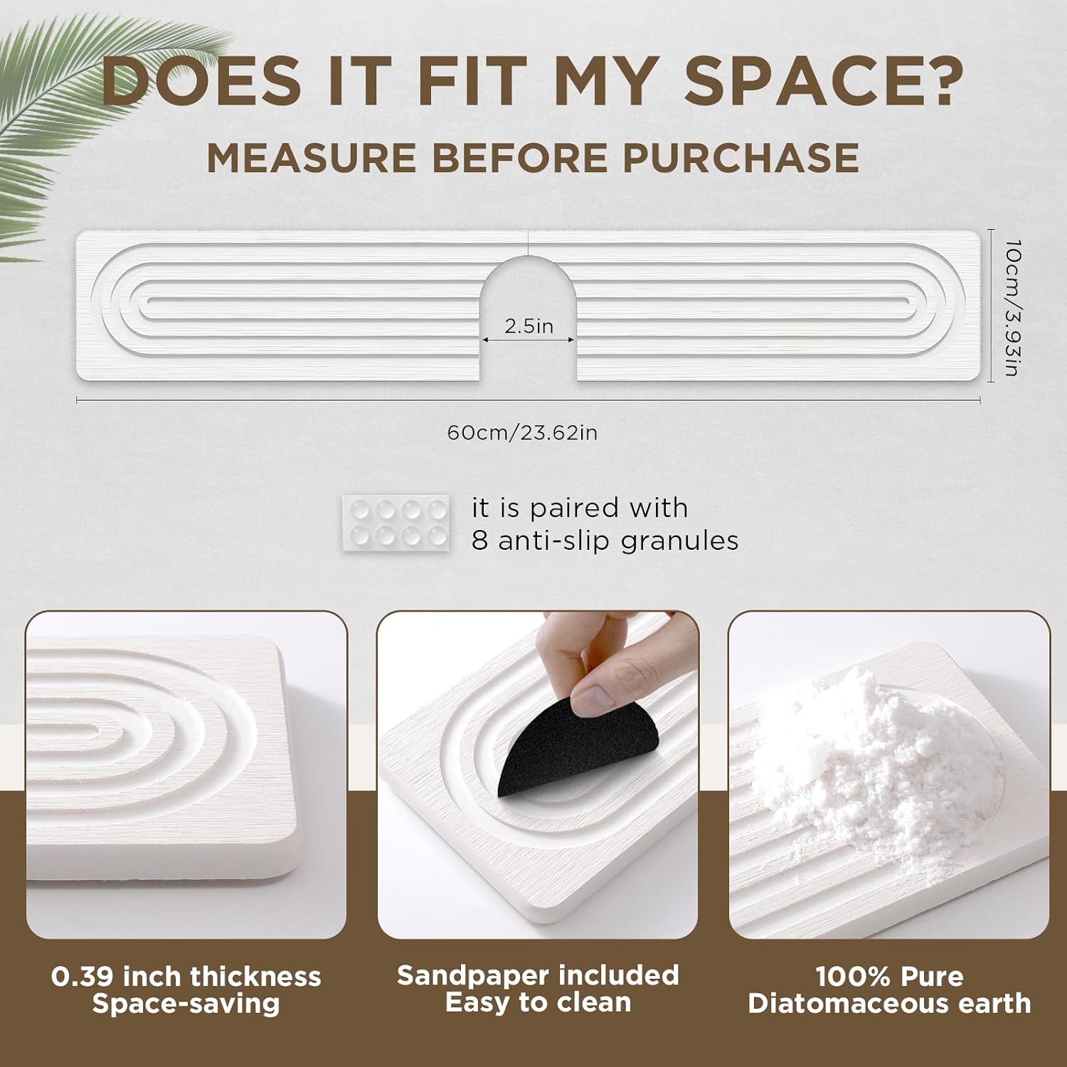 Faucet Mat for Kitchen Sink, Diatomite Stone Drying Sink Protectors, Bathroom Faucet Splash Guard, Quick Dry Water Absorbing, Non-Slip Stone Tray for Kitchen Counter, White, 23.6" x 3.9"