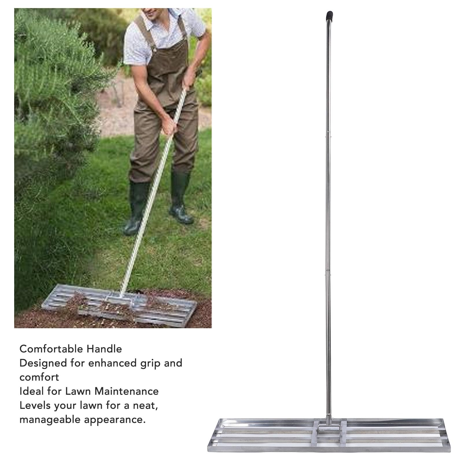 Rastrillo nivelador de césped de acero inoxidable, promueve el crecimiento del césped, permite cubrir un área más grande cada vez, herramienta de mantenimiento del césped para patio, jardín