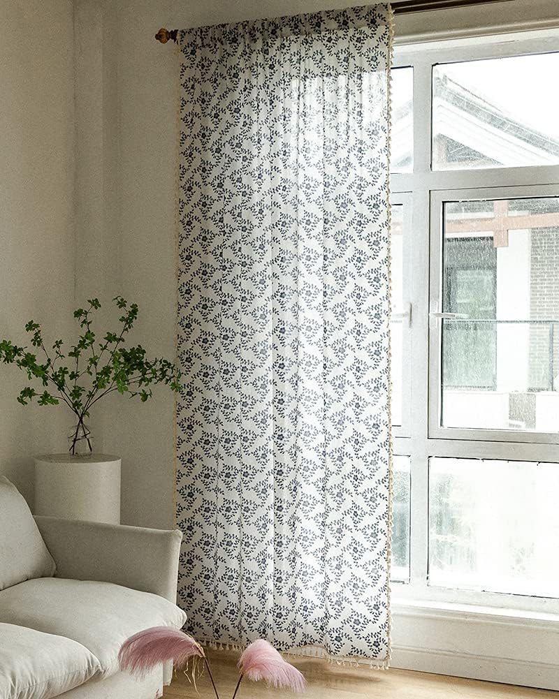 vctops Vintage Floral Print Window Curtains with Tassels Semi-Blackout Cotton Linen Curtains Rod Pocket Window Drapes for Dining Living Room Bedroom (Flower,59"x71")