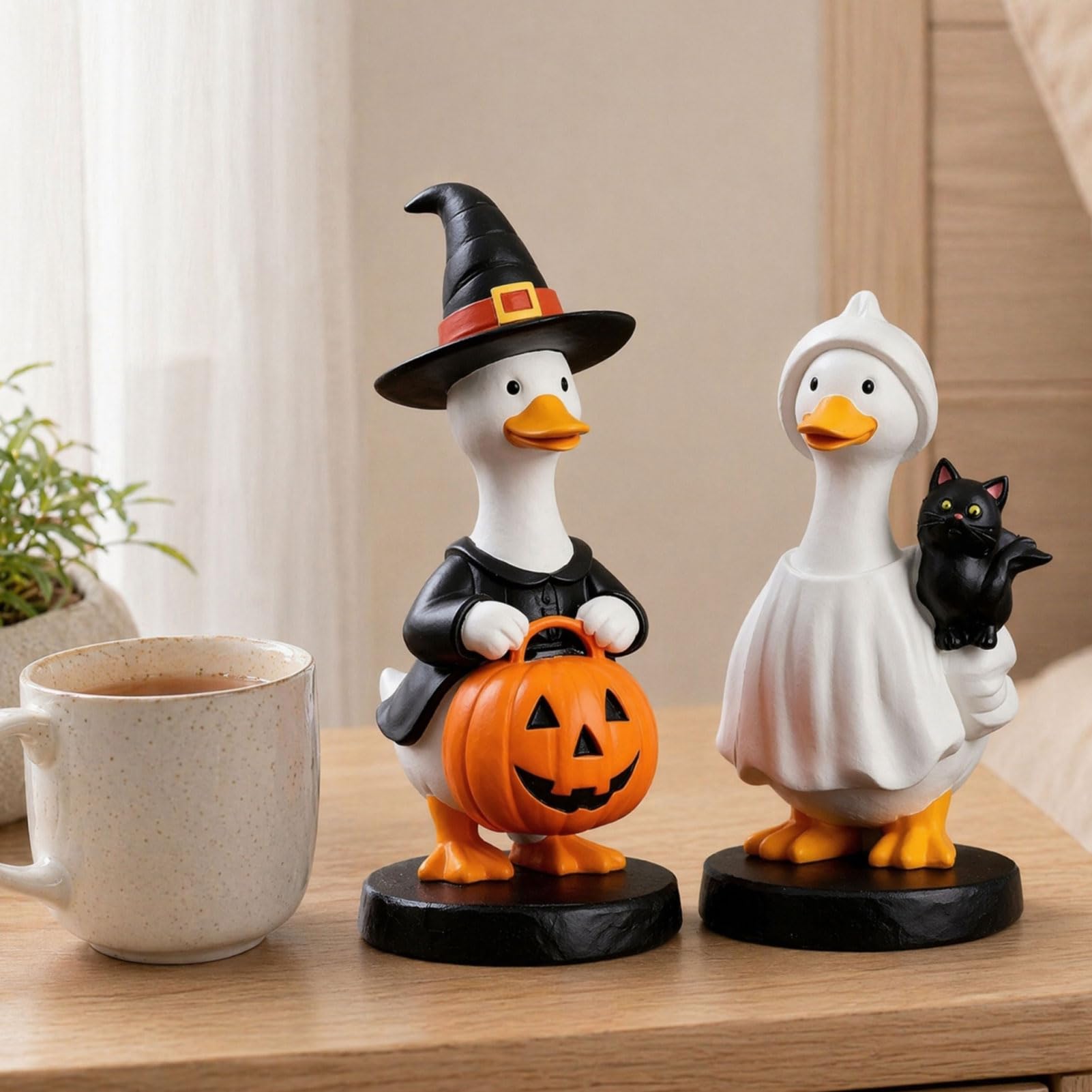 Quoravel Halloween Goose Figurine, Witch Hat Geese Resin Ornament, Cute Ghost Goose Statue for Tabletop Mantel Shelf Holiday Decoration C