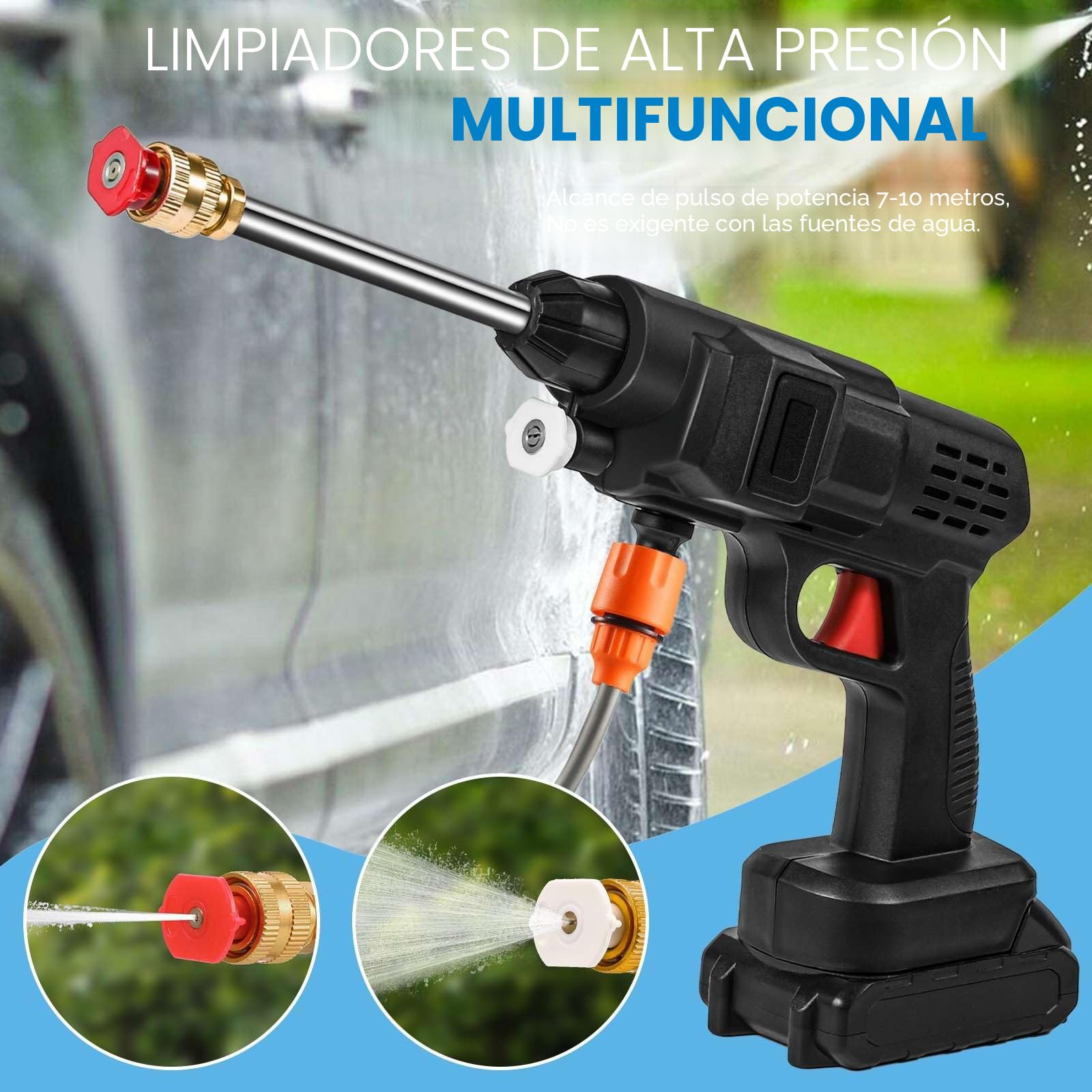 Limpiador de Alta Presión Inalámbrico 60 Bar, Limpiador de Alta Presión de Batería 300W, Pistola de Agua para Lavado de Coche con Baterías, Manguera 5m, Pulverizador de Espuma (B-2 Batería)