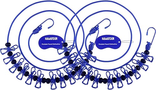 Tendedero elástico portátil de viaje Hawatour, ajustable con doce ganchos para uso en interiores y exteriores, color azul