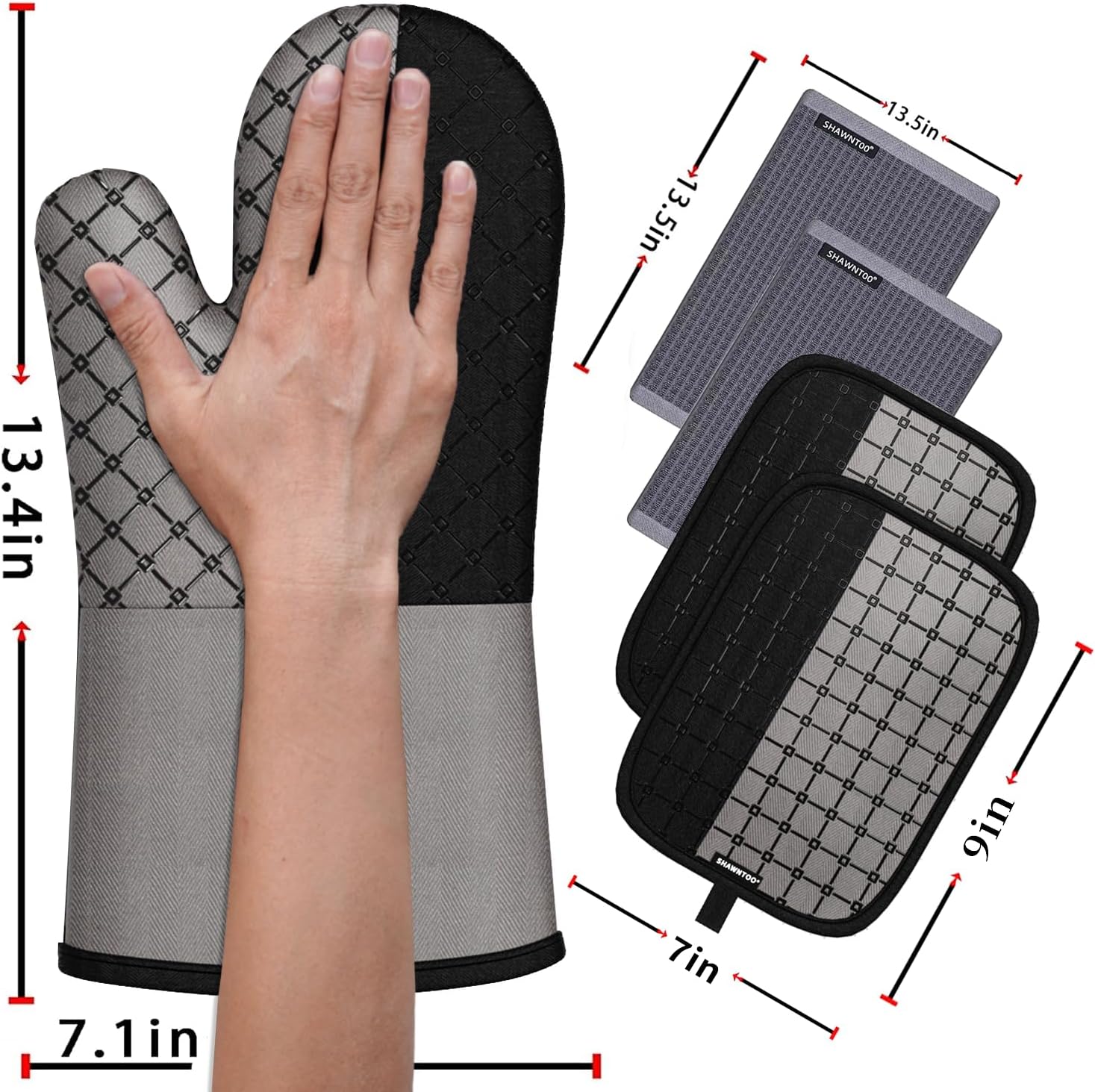 Oven Mitts and Pot Holders Sets 6pcs, Kitchen Oven Glove,High Heat Resistant 550 Degree Extra Long Oven Mitts and Potholders with Non-Slip Silicone Surface for Home Essentials (Grey) (Gray 2) - Image 2