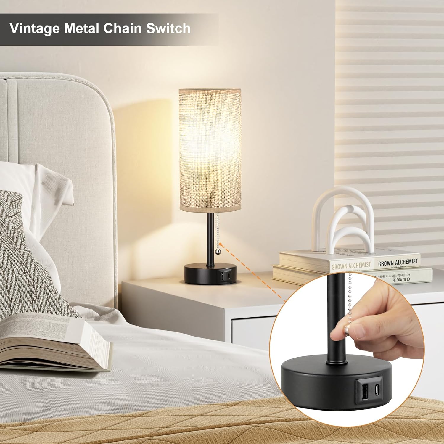 Bedside Lamp for Bedroom Set of 3 - Small Table Lamp with USB A + C Charging Port, Night Stand Light with Bulb, Side Table Desk Reading Lamp for Living Room