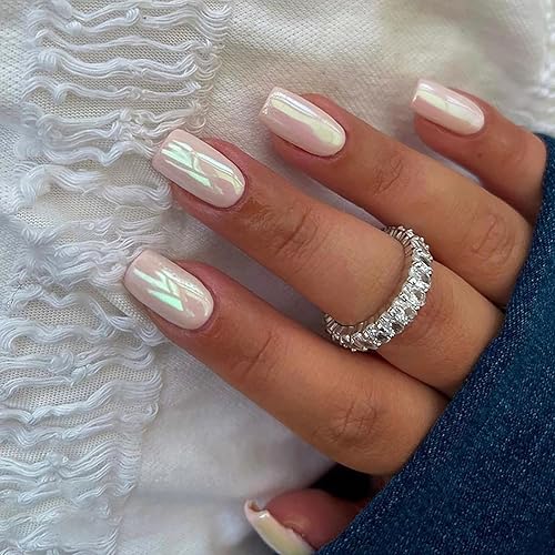 Uñas postizas SWEKKE cuadradas medianas con pegamento de uñas blancas brillantes con pegamento de uñas Aurora blanco brillante, uñas acrílicas,