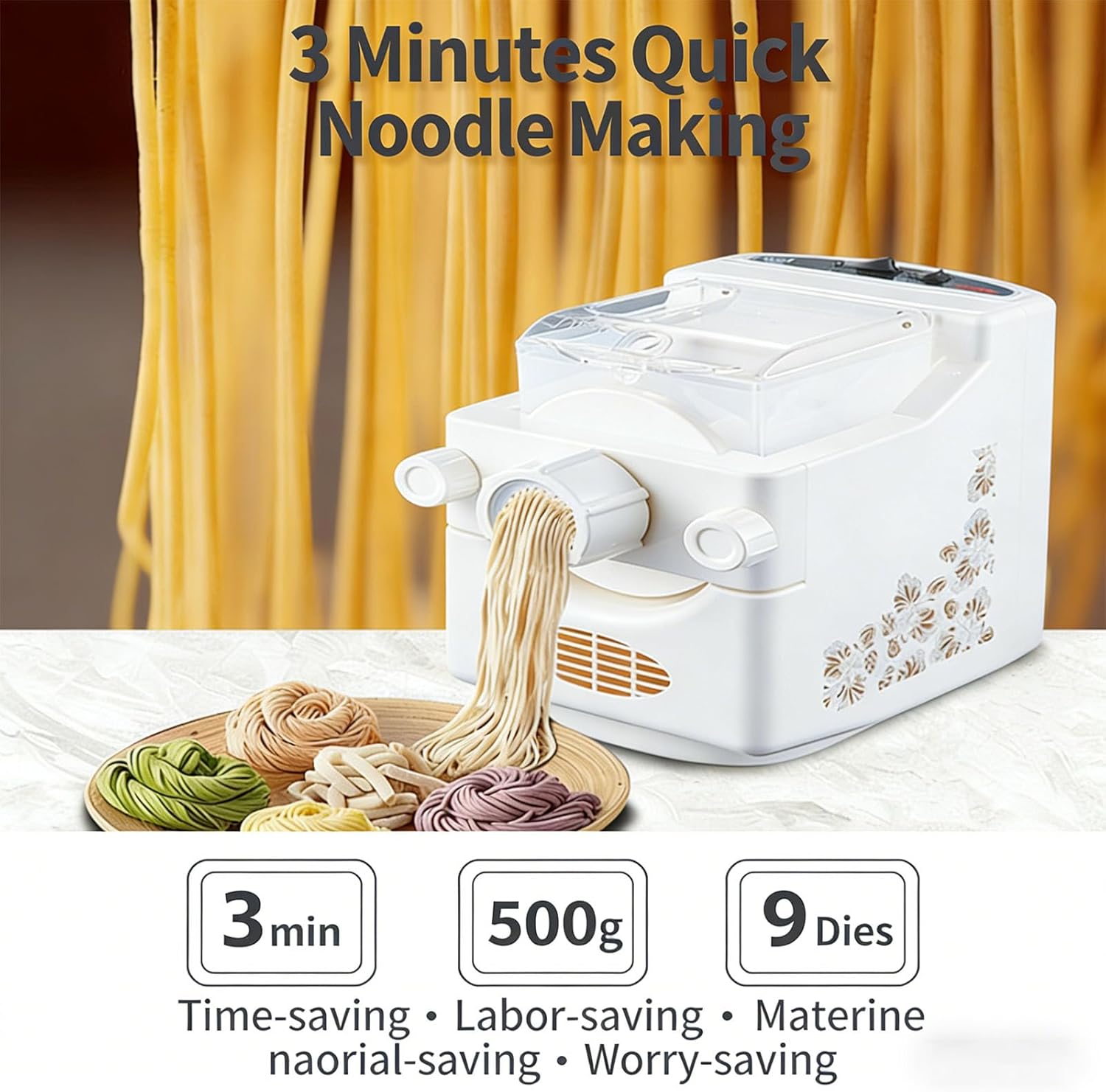 Automatic Pasta Maker, 500g Electric Noodle Press180W with 9 Molds – Multi-Function Dough Ready In 3 Minutes for Spaghetti Noodles Dumpling Skins Home Kitchen Use