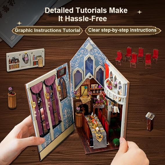 DIY Miniature House Kit, European Style Book Nook Kit, Illusion Mirror Design Miniature Dollhouse Kit, Booknook Bookshelf Desktop Decor Model Building Creativity Gift for Women and Adults