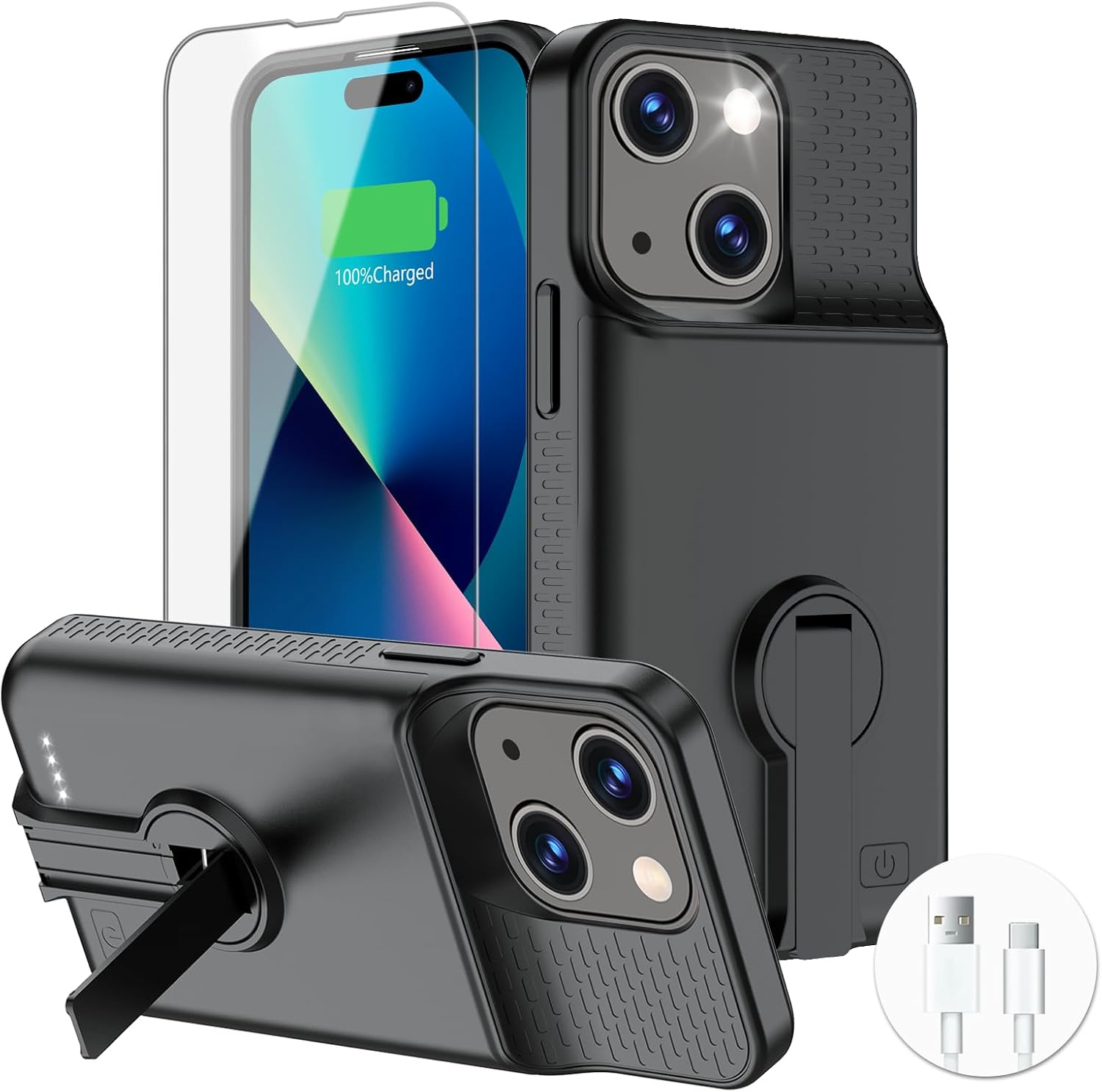 GIN FOXI Battery Case for iPhone 15/15 Pro, Rechargeable Charging Case with Stand 7000mAh Ultra-Slim Anti-Fall Protection Extended Battery Pack Juice Box for iPhone 15/15 Pro 6.1" Black
