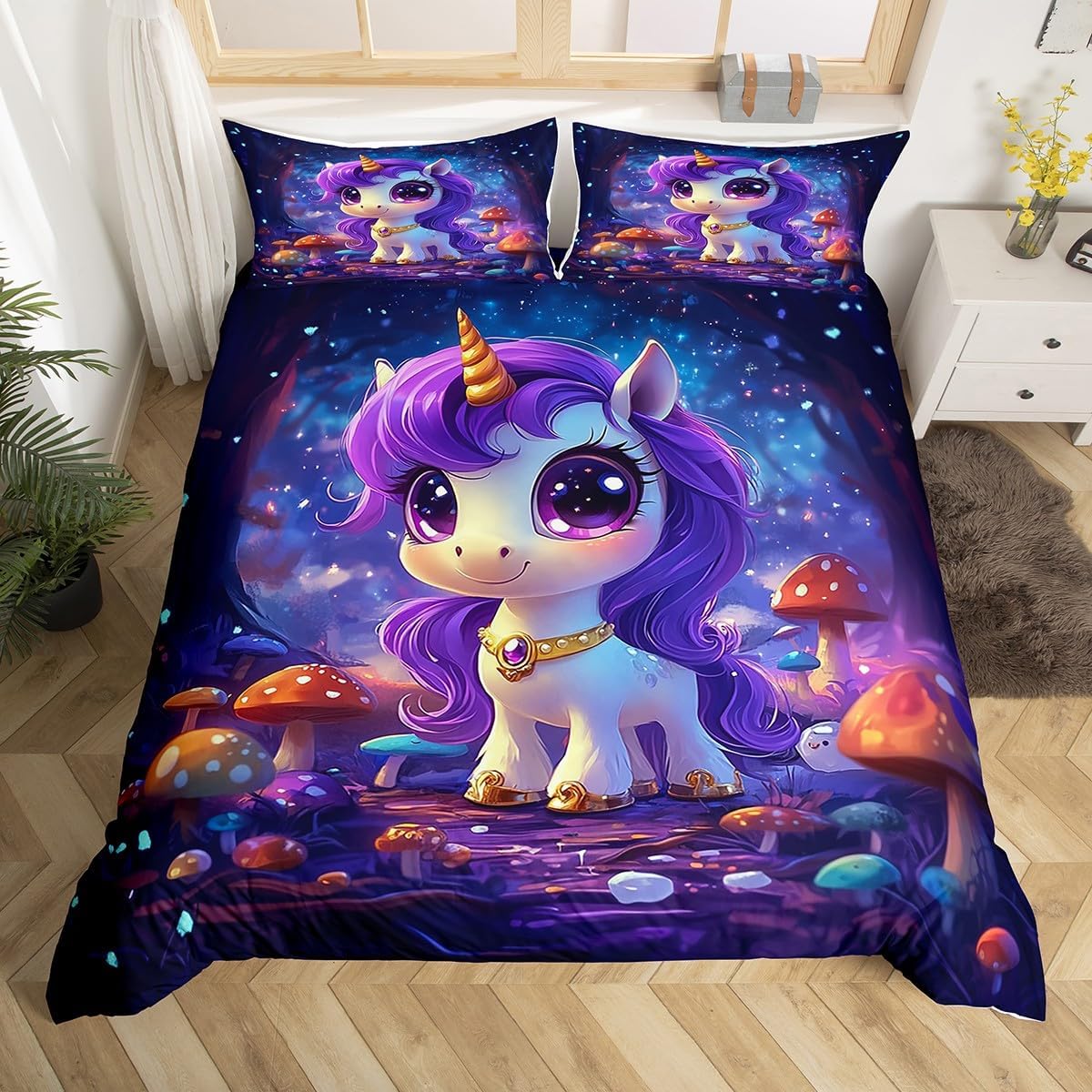 Erosebridal Purple Unicorn Comforter Cover Toddler Size Cartoon Animal Duvet Cover Colorful Mushrooms Bedding Set Kids Fantasy Themed Quilt Cover Magical Jungle 2Pcs Breathable Decor