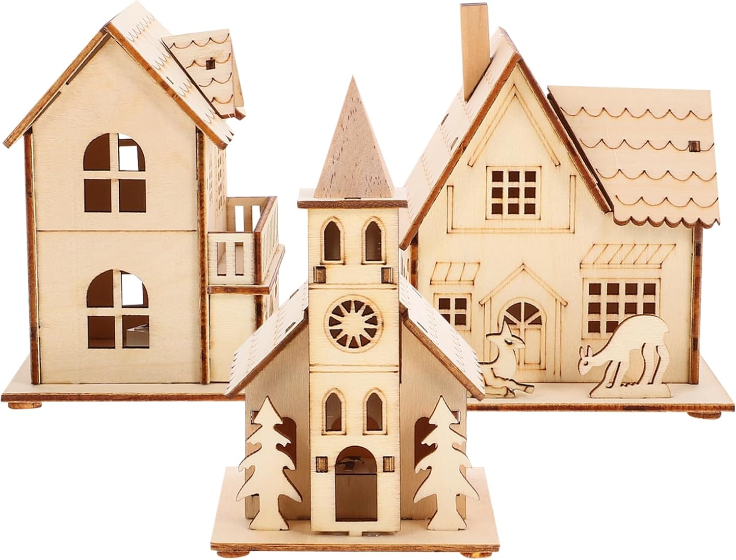 SEWACC 3pcs Ligh Up Christmas Village Houses, Miniature Wooden Luminous House Figurines Decorations, Xmas Desktop Ornaments for Holiday