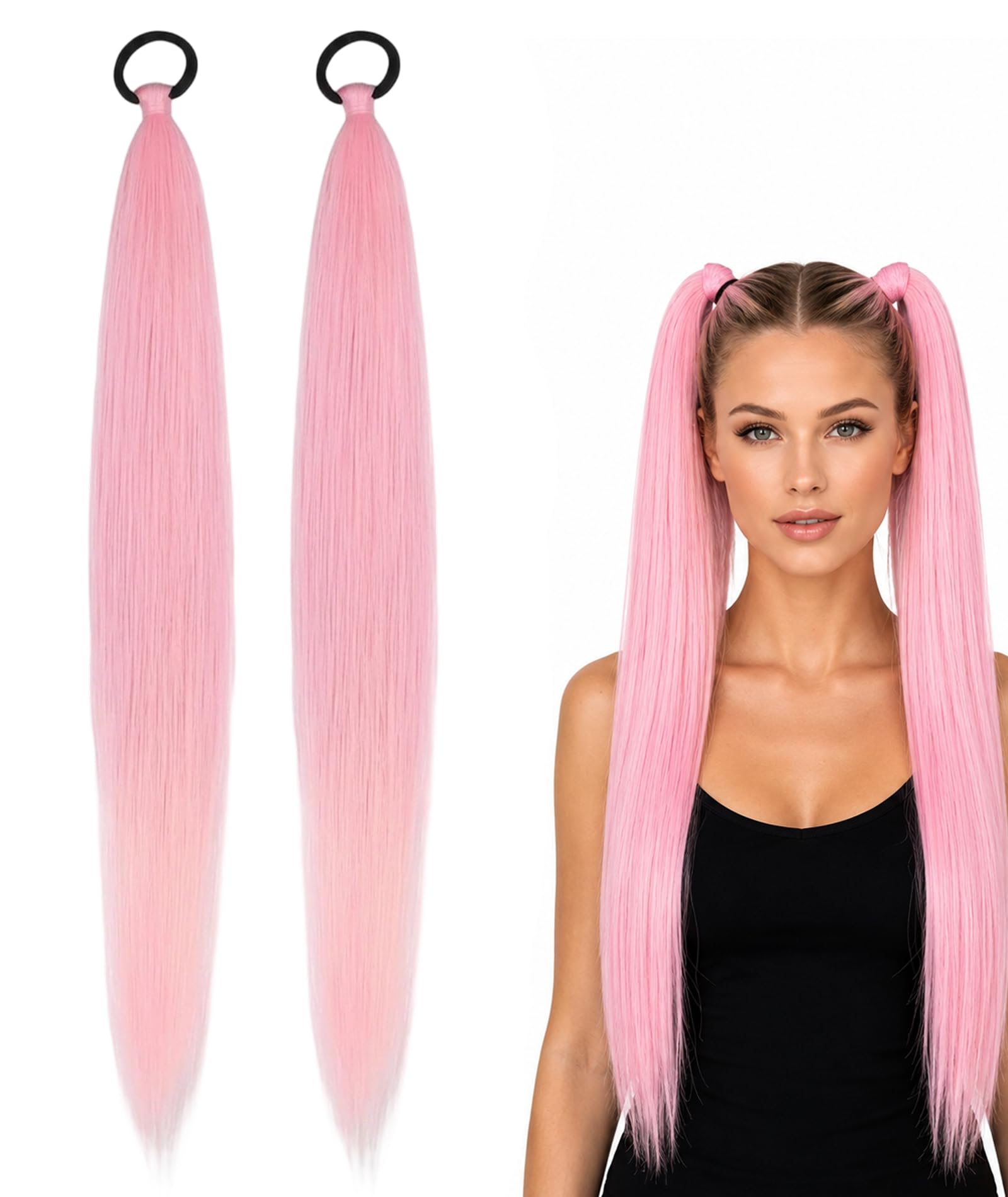 2-Piece Pink Hair Extensions, Colored Pony Tail Hair Extension Pieces for Women, Cosplay Hair Accessories for Party and Festival Dress Up-image-18