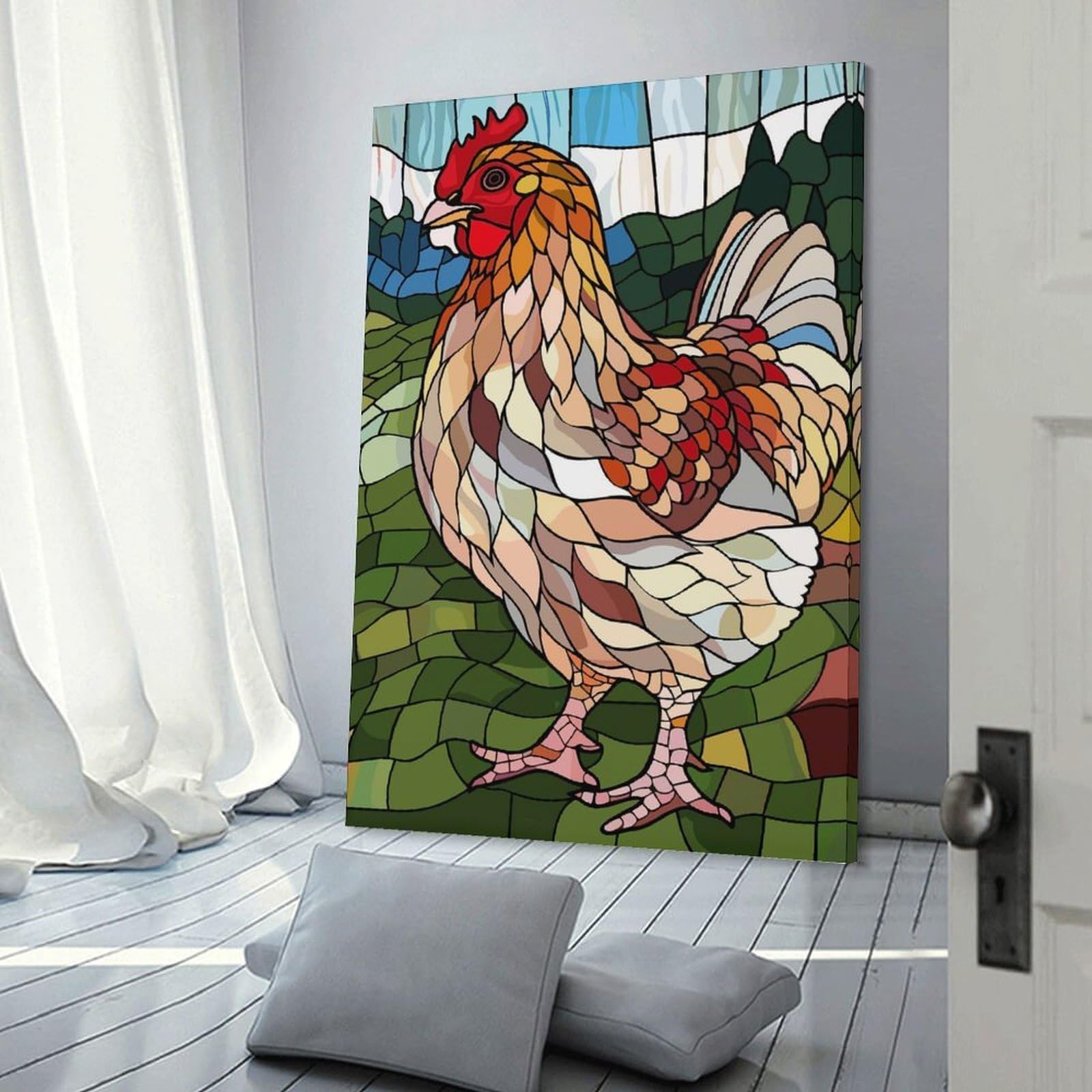 Junmoney Stained Glass Chicken in A Field Wall Picture Print 20x30inch(50x75cm), for Lounge Decor, Offices Or Entryway Styling, A Flexible Wall Accent for Shared Spaces