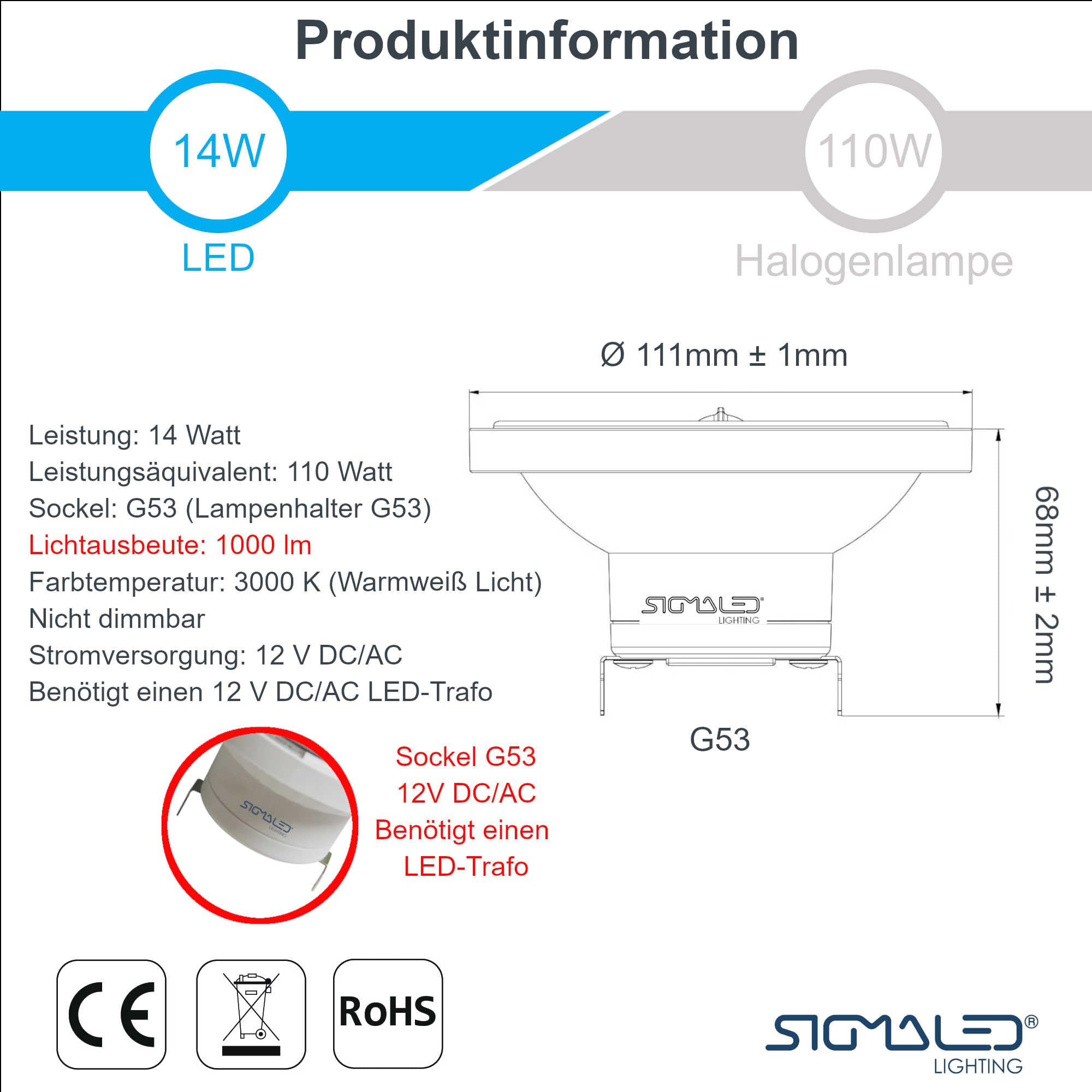 Sigmaled lighting, LED-Spot AR111 G53, 14 W (entspricht 110 W Halogen), 12V AC/DC, Warmweißes 3000 K, 1000 Lumen, AR111 LED-Leuchtmittel, 5er-Pack