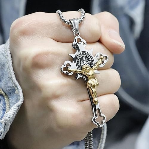 Miniatura 3 de Tapp Collections Collar con colgantes de cruz de crucifijo de San Benito de acero inoxidable INRI