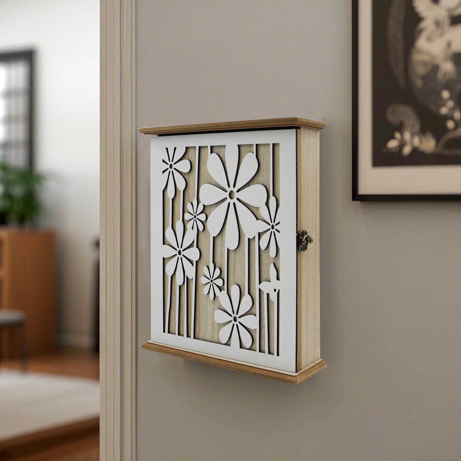 Cassetta Portachiàvi Da Parète in Legno,Elegant Daisy Portachiavi Da Parete,Cassettiera per Chiavi da Parete con 6 ganciper chiàvi per Corridoio D'ingresso Camera Da Letto (28.5x22x7cm)