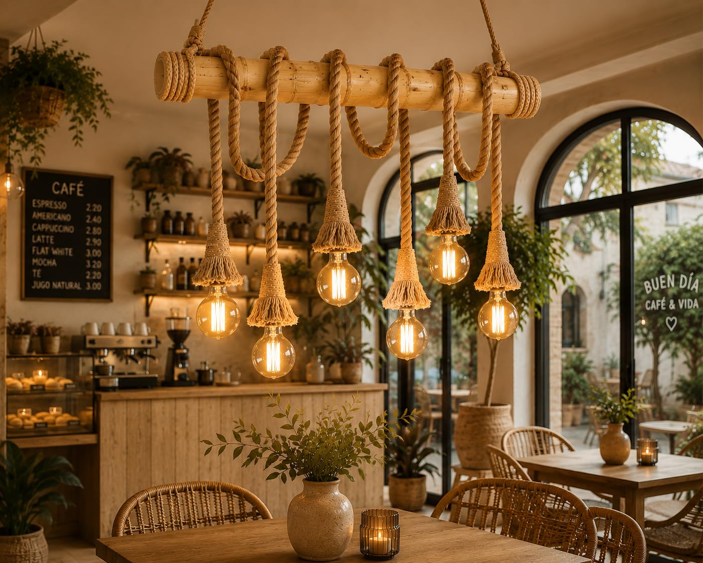 ONSSI® Lámpara Colgante de Bambú Natural,Lámpara de Techo Vintage Rústica con 6 Portalámparas E27,Diseño de Cuerda de Cáñamo Ajustable,para Comedor,Salón,Bar,Cafetería y Restaurante (Sin Bombillas)