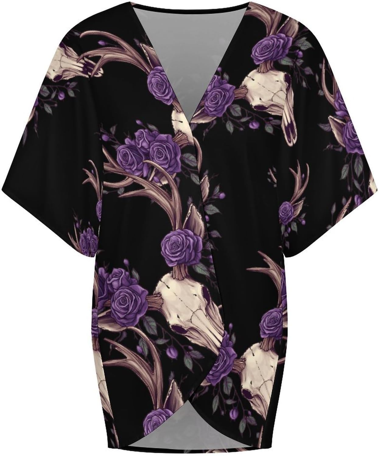 Deer Animal Skull with Floral Women's Open Front Cardigan Short Sleeves Jacket Lightweight Sweaters Tops