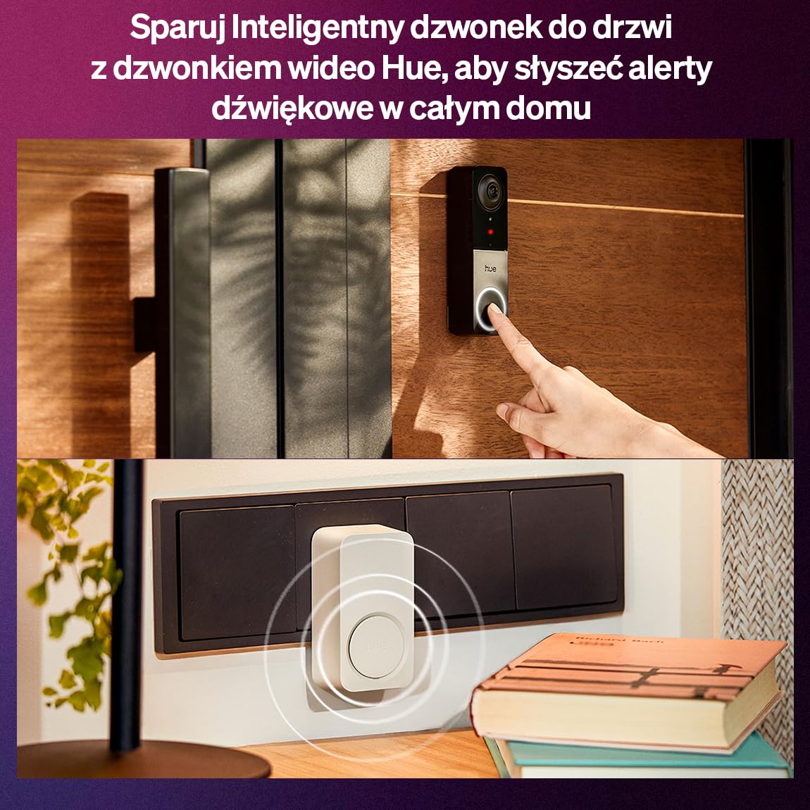 Philips Hue Secure inteligentny dzwonek do drzwi, powiadomienia dźwiękowe na żywo, pasuje do każdego gniazdka, współpracuje z kamerami Hue, dzwonek do drzwi i czujnik ruchu, biały