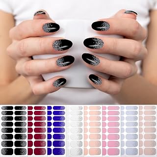 8 Sheets Nail Wraps for Women Nail Polish Strips Solid Color French Glitter Colorful Full Nail Polish Sticker, DIY Self-Adhesive Black White Sparkle Nail Art Decals Decor with 2 Piece Nail Files