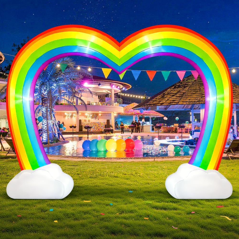KOOY 10FT Inflatable Rainbow Arch, Inflatable Heart Rainbows Archway, Pride Inflatable with LED Light Up for Pride Month,Outdoor Rainbow Decorations,Blow Up Rainbow Decor for Yard LGBTQ Lesbian Gay