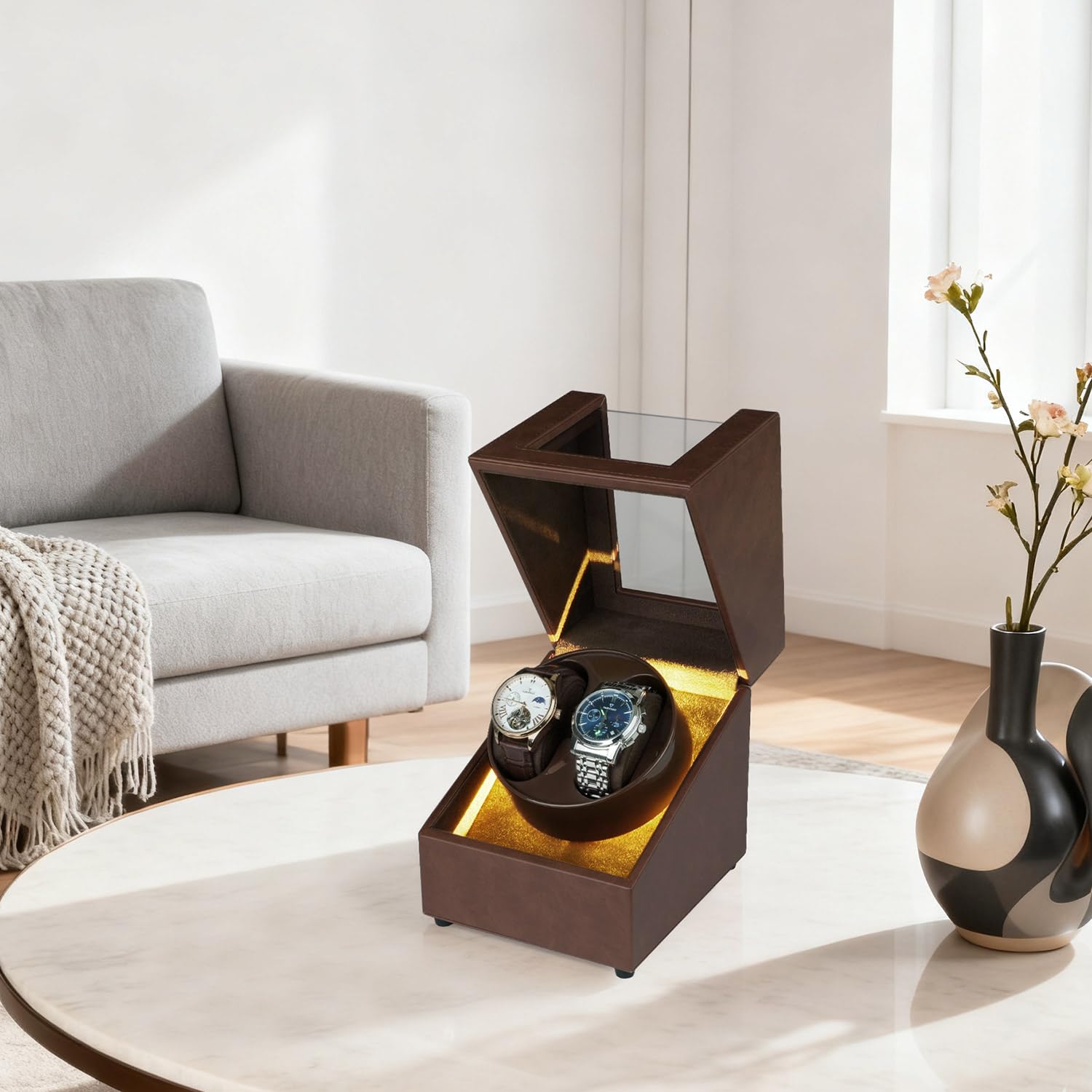 Mcbazel Dual Watch Winder, Cajas Giratorias para Relojes con Luz LED, Estuche para Relojes de Doble Posición, Modos de Rotación Bidireccional, Relojero Automático Almacenamiento – Marrón